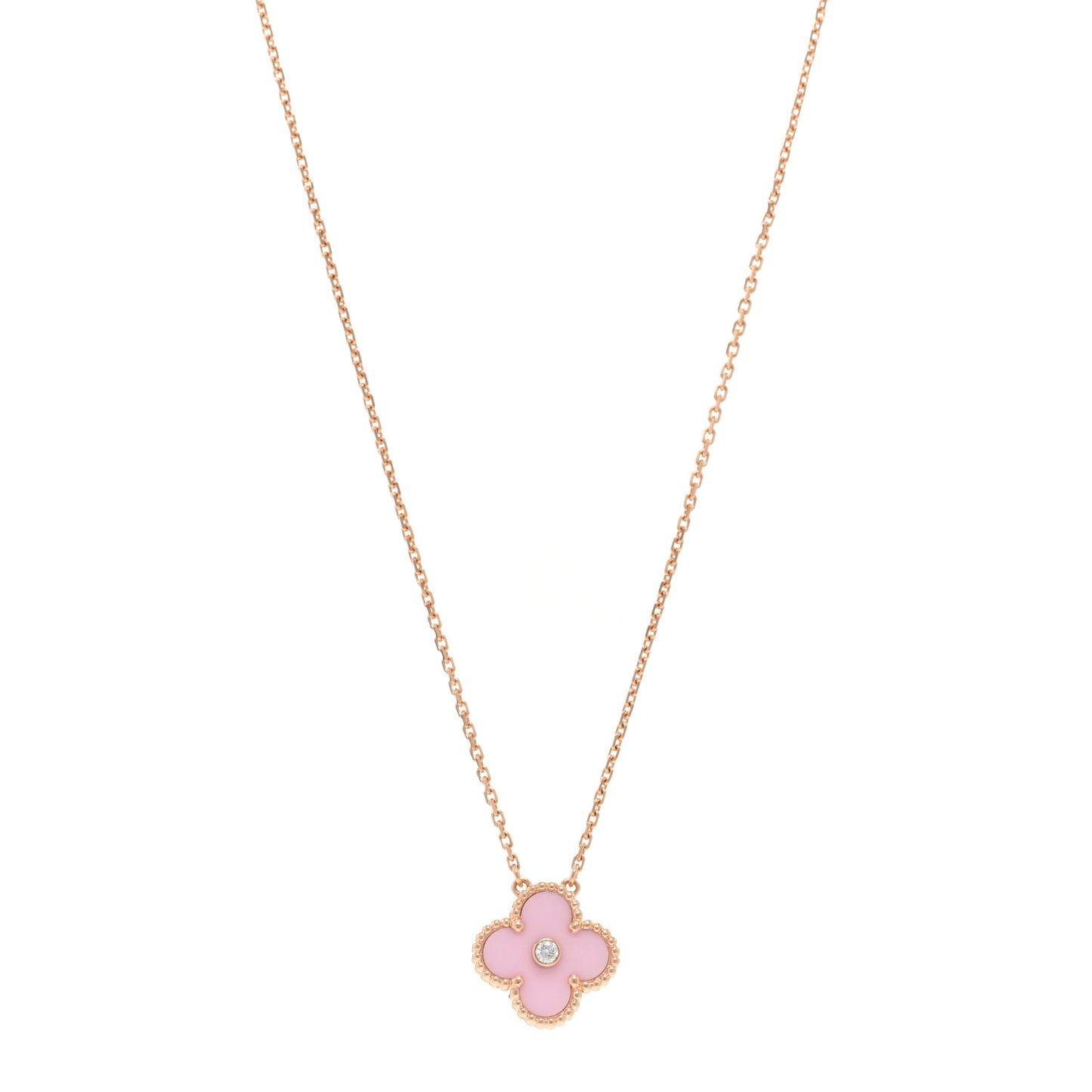 18K Rose Gold Diamond Pink Porcelain Vintage Alhambra Pendant Necklace