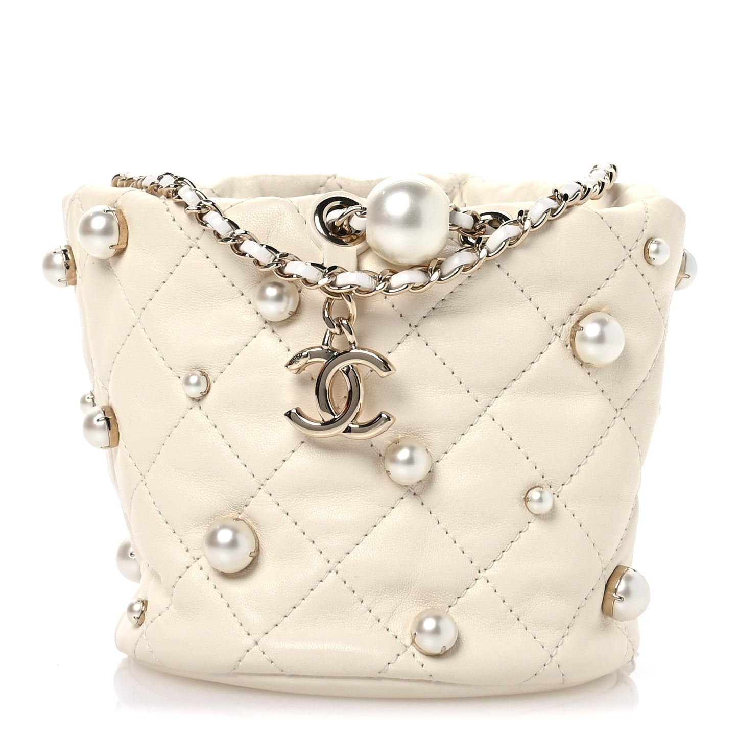Lambskin Quilted Pearl Mini About Pearls Drawstring Bag White