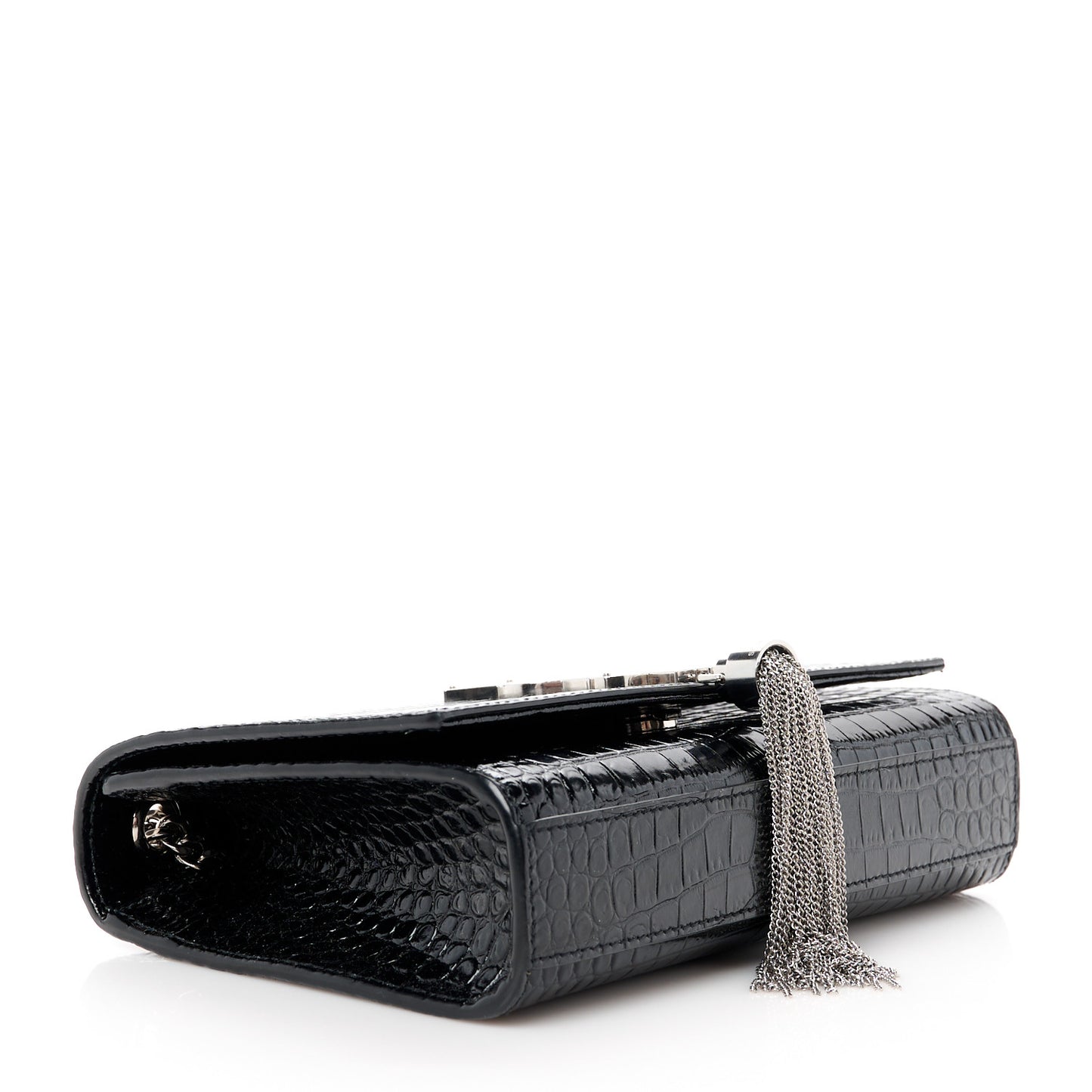 Calfskin Crocodile Embossed Small Classic Monogram Kate Tassel Satchel Black