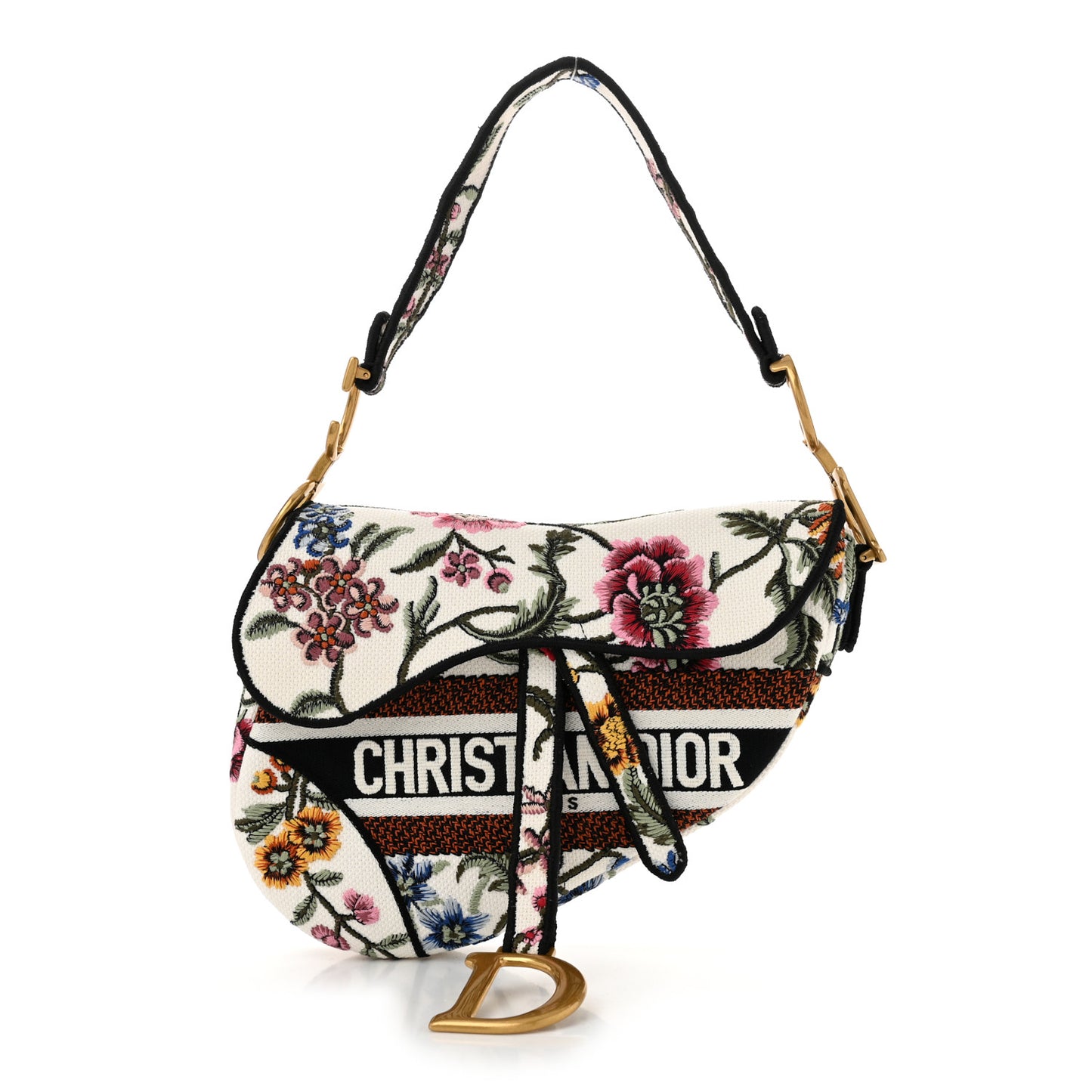 Canvas Embroidered Petites Fleurs Saddle Bag White Multicolor