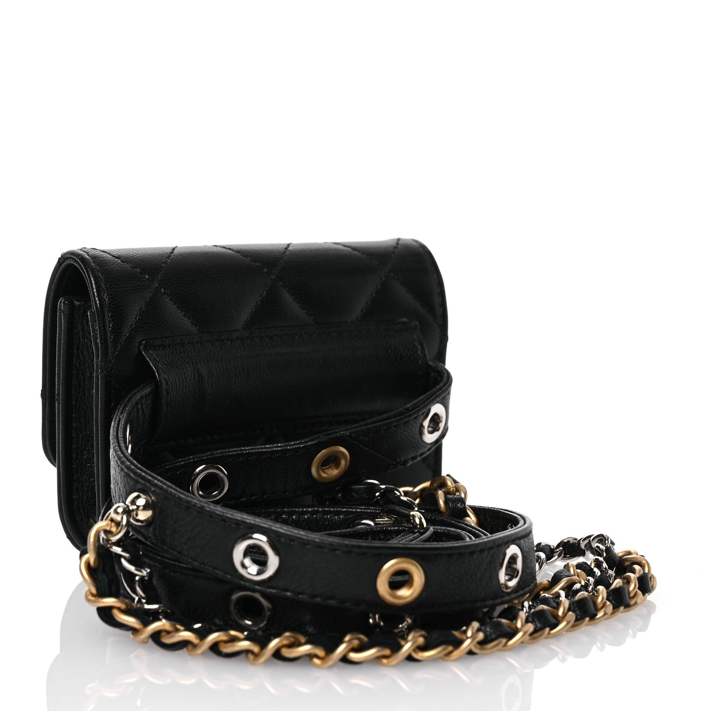 Goatskin Quilted Punk Essentials Chain Mini Flap Belt Bag Black