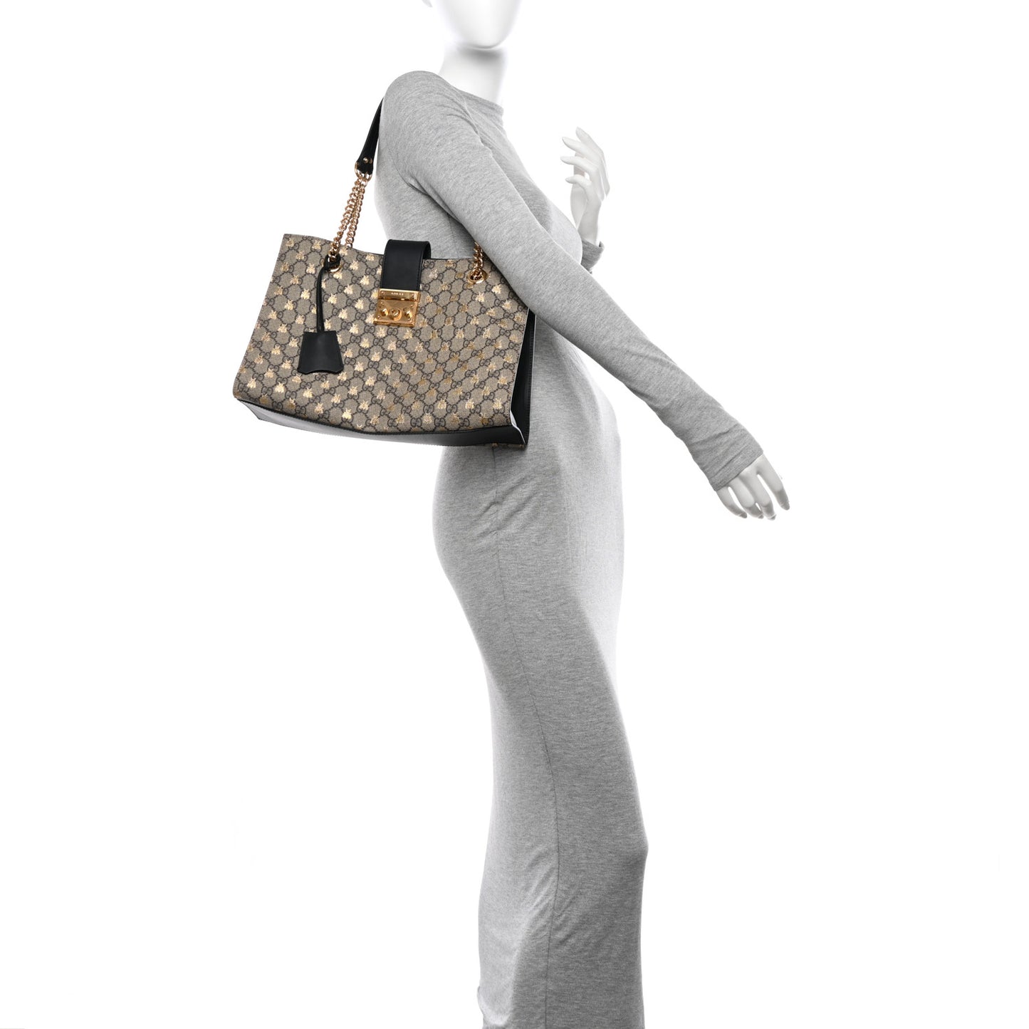GG Supreme Monogram Bees Medium Padlock Tote Beige Oro Black