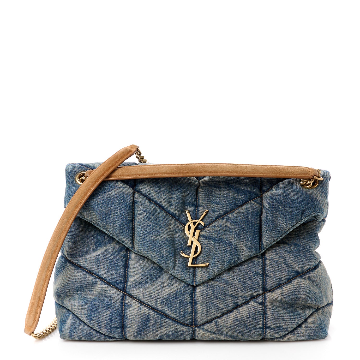 Saint Laurent Denim Quilted Medium Loulou Puffer Monogram Chain Satchel Blue Cinnamon 1 of 10