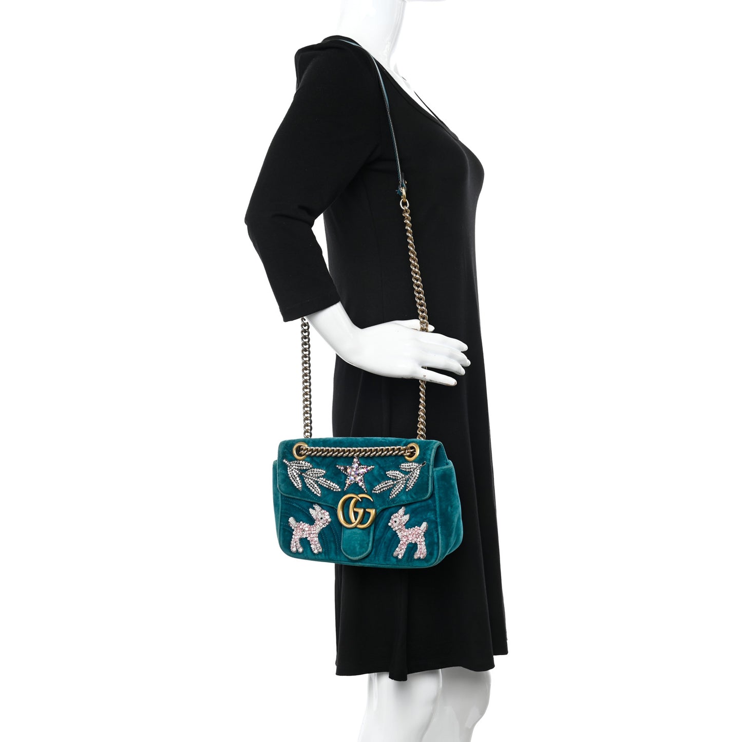 Velvet Matelasse Embroidered Small GG Marmont Shoulder Bag Pavone Cyan