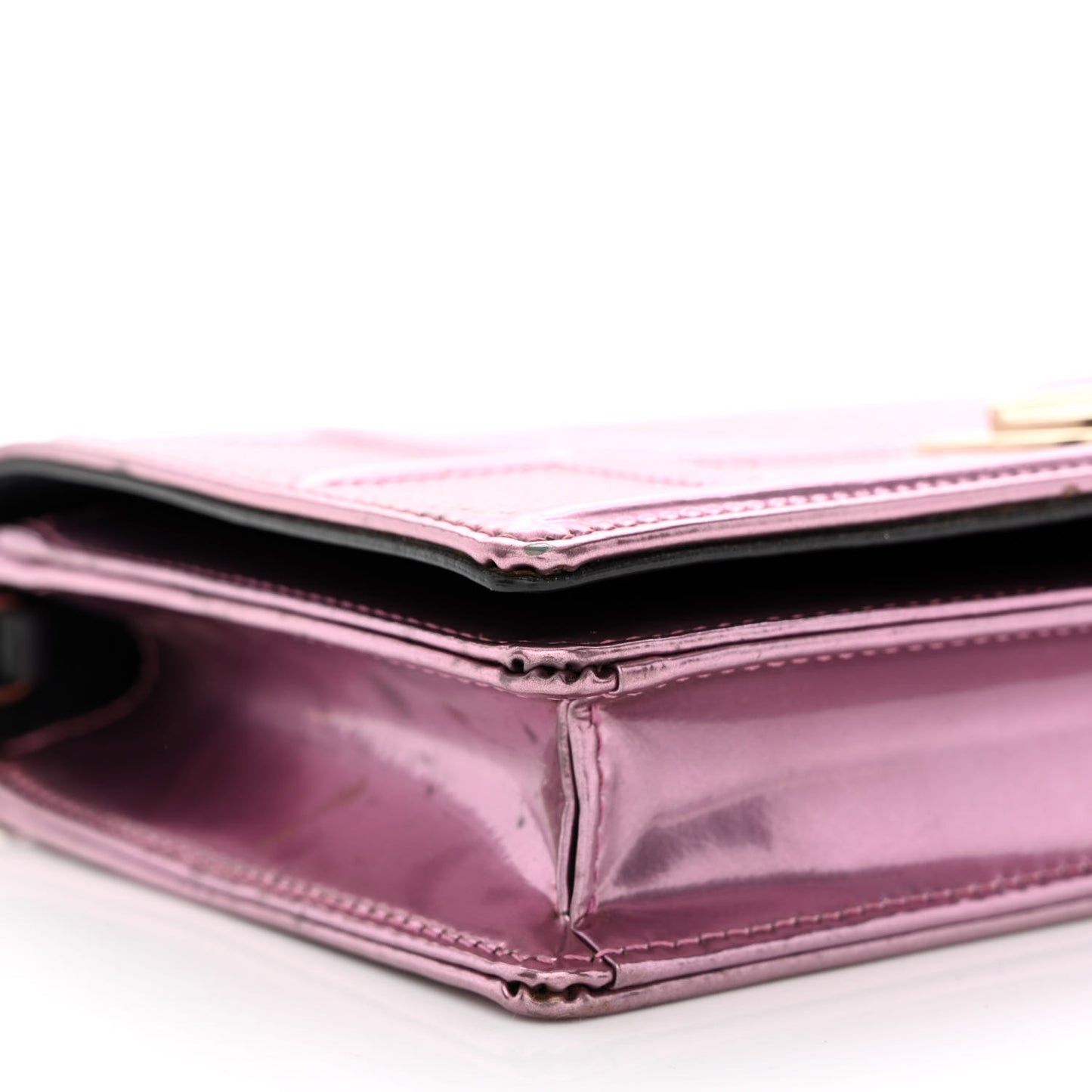 Metallic Patent Micro-Cannage Diorama Wallet on Chain Pouch Pink
