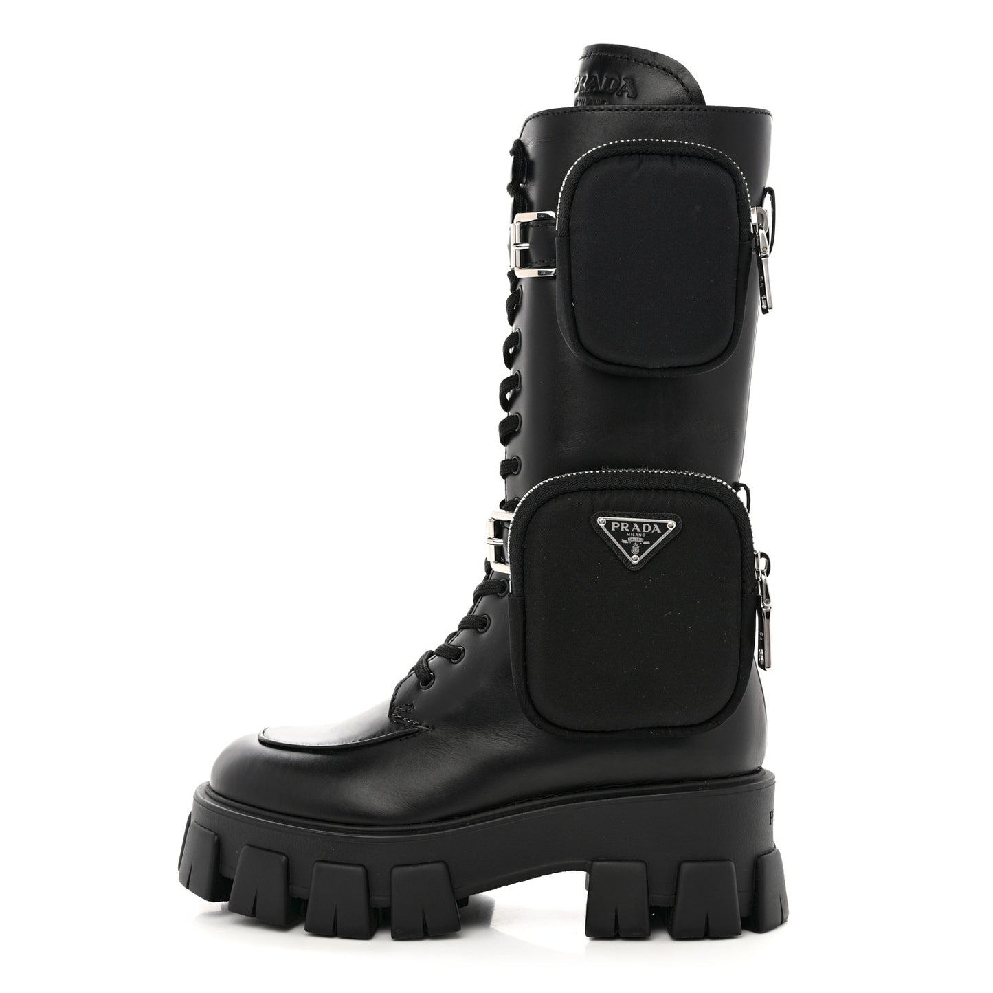 Vitello Lux Nylon Metal Triangle Logo Monolith Pouch Pocket 55mm Tall Combat Boots 36 Black