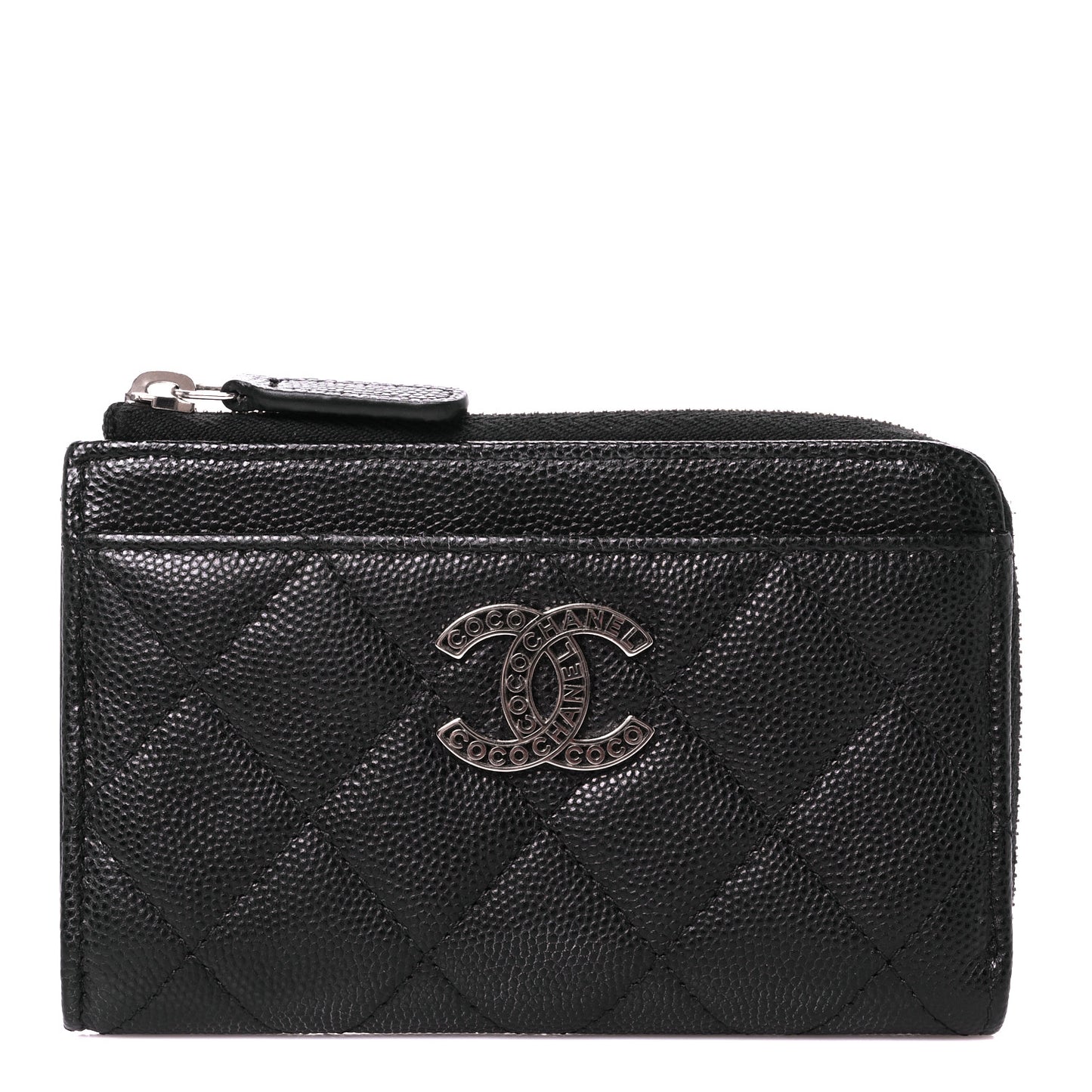 Caviar Quilted CC Logo Zip Around Card Holder Black