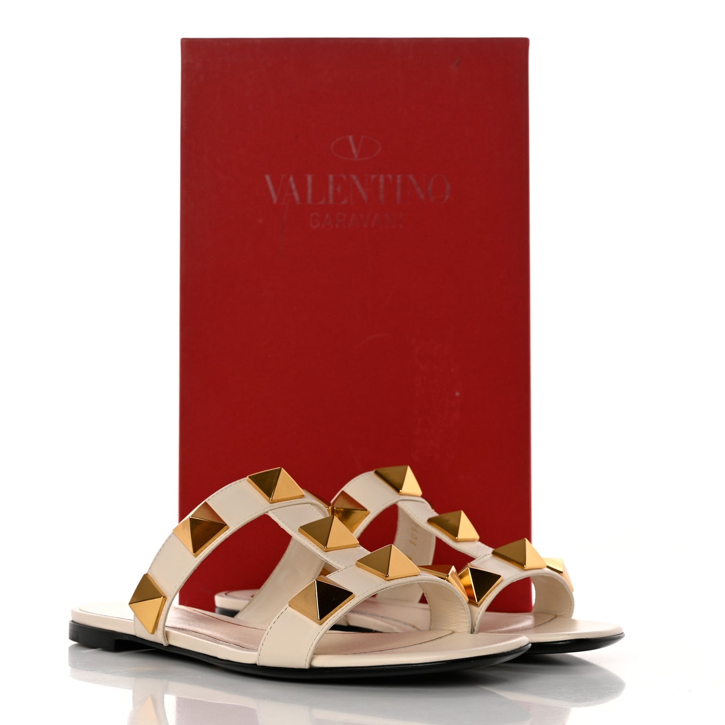Calfskin Roman Stud Flat Slide Sandals 35 Light Ivory