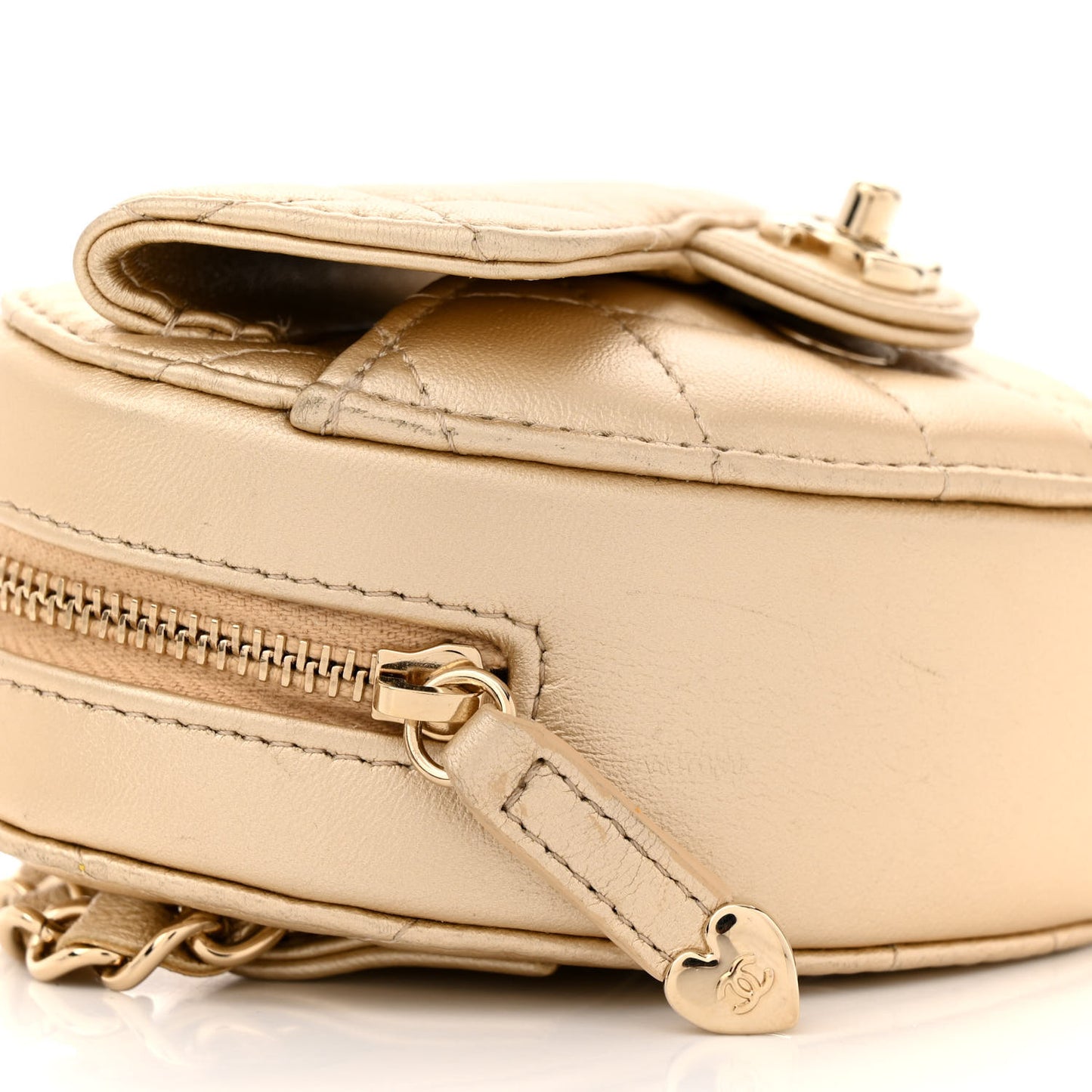 Metallic Lambskin Quilted CC In Love Heart Waist Belt Bag With Chain Gold