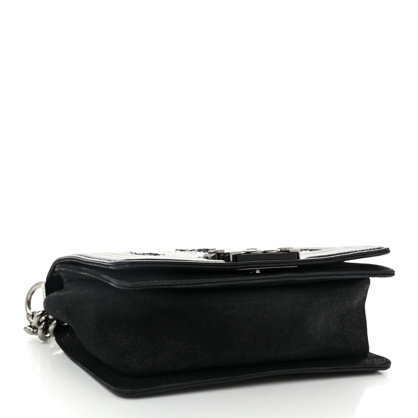 Patent Iridescent Calfskin Sequin Medium Boy Flap Bag Black