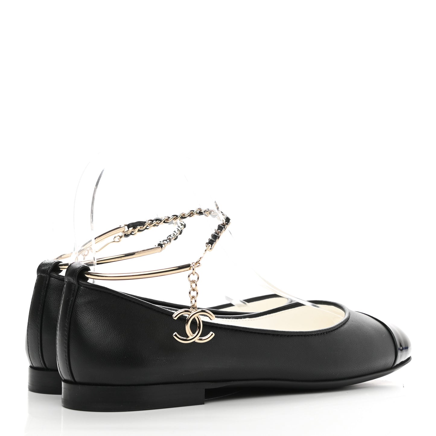 Lambskin Patent Calfskin Cap Toe Ankle Chain Ballerina Flats 36 Black