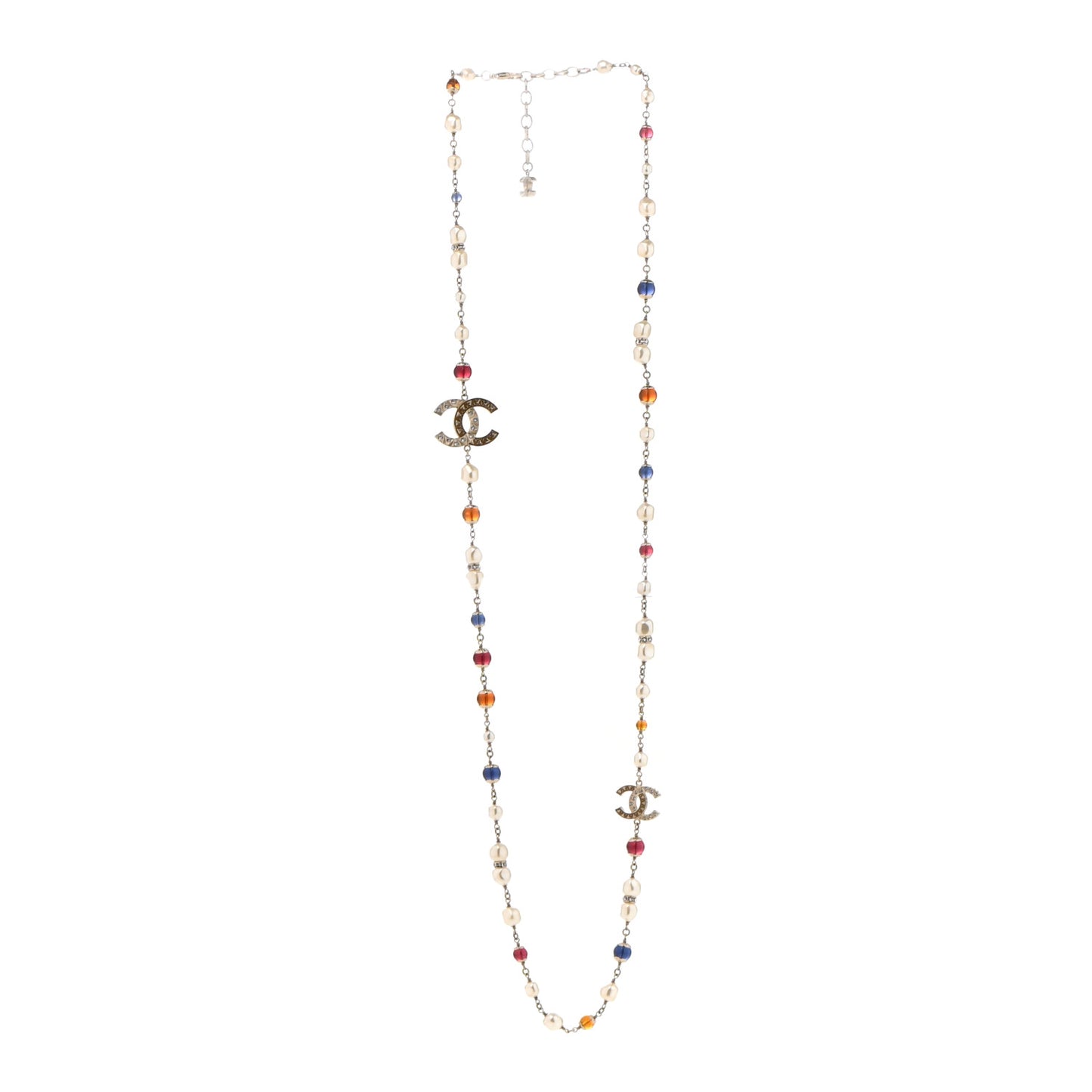Pearl Beaded Crystal CC Long Necklace Gold Multi