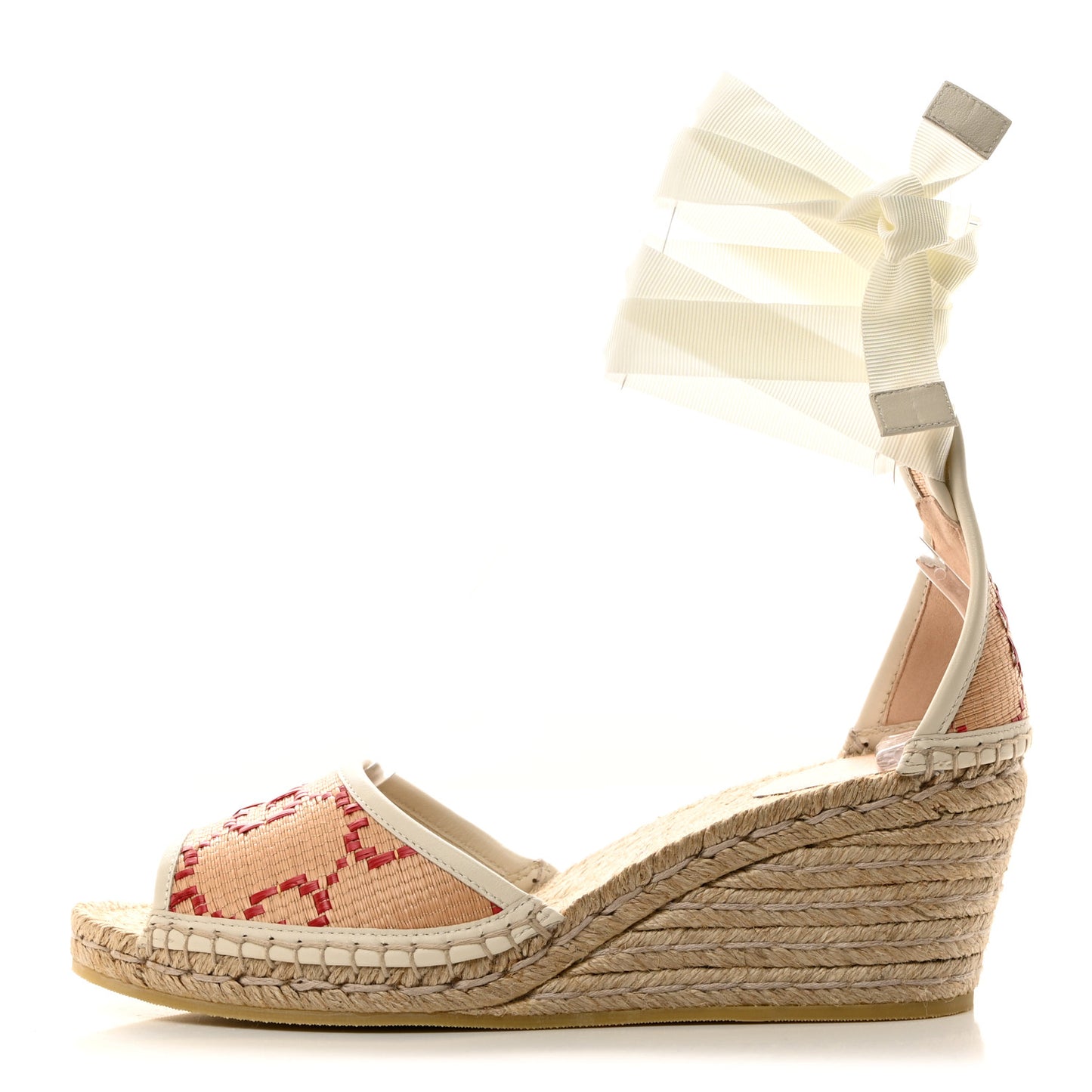 GG Raffia Monogram Ankle Wrap Platform Espadrille Wedge Sandals 40 Beige