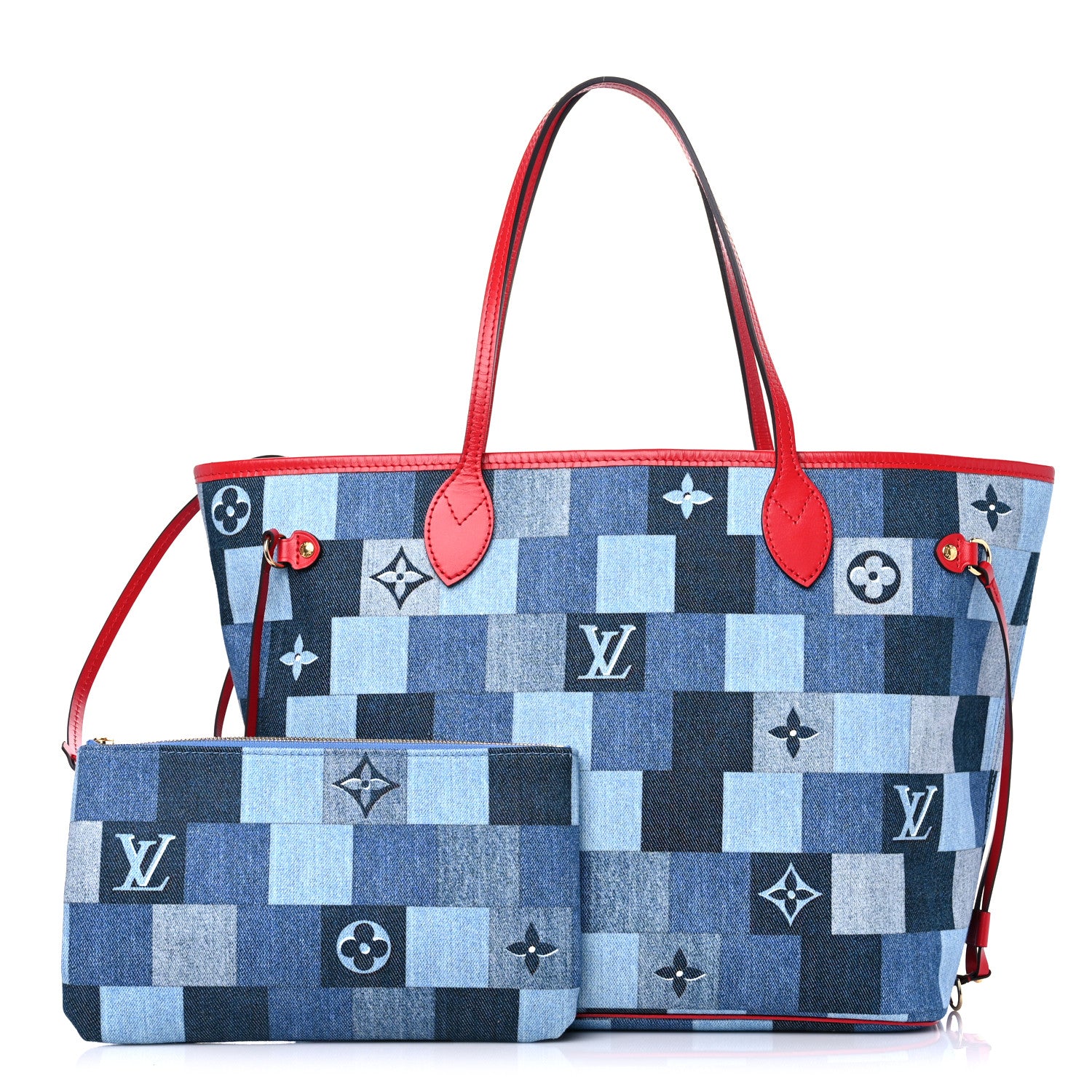 ルイヴィトン Louis Vuitton Denim Damier Monogram Patchwork Neverfull Blue Rouge
