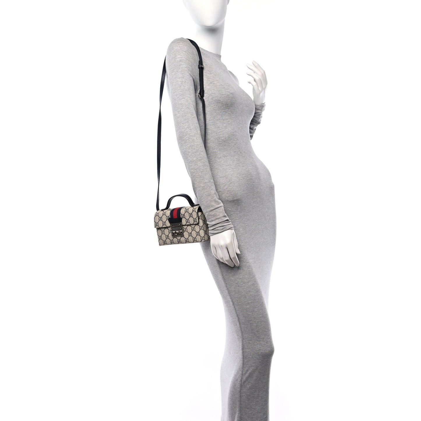 GG Supreme Monogram Textured Dollar Calfskin Web Mini Padlock Top Handle Shoulder Bag Beige Blue