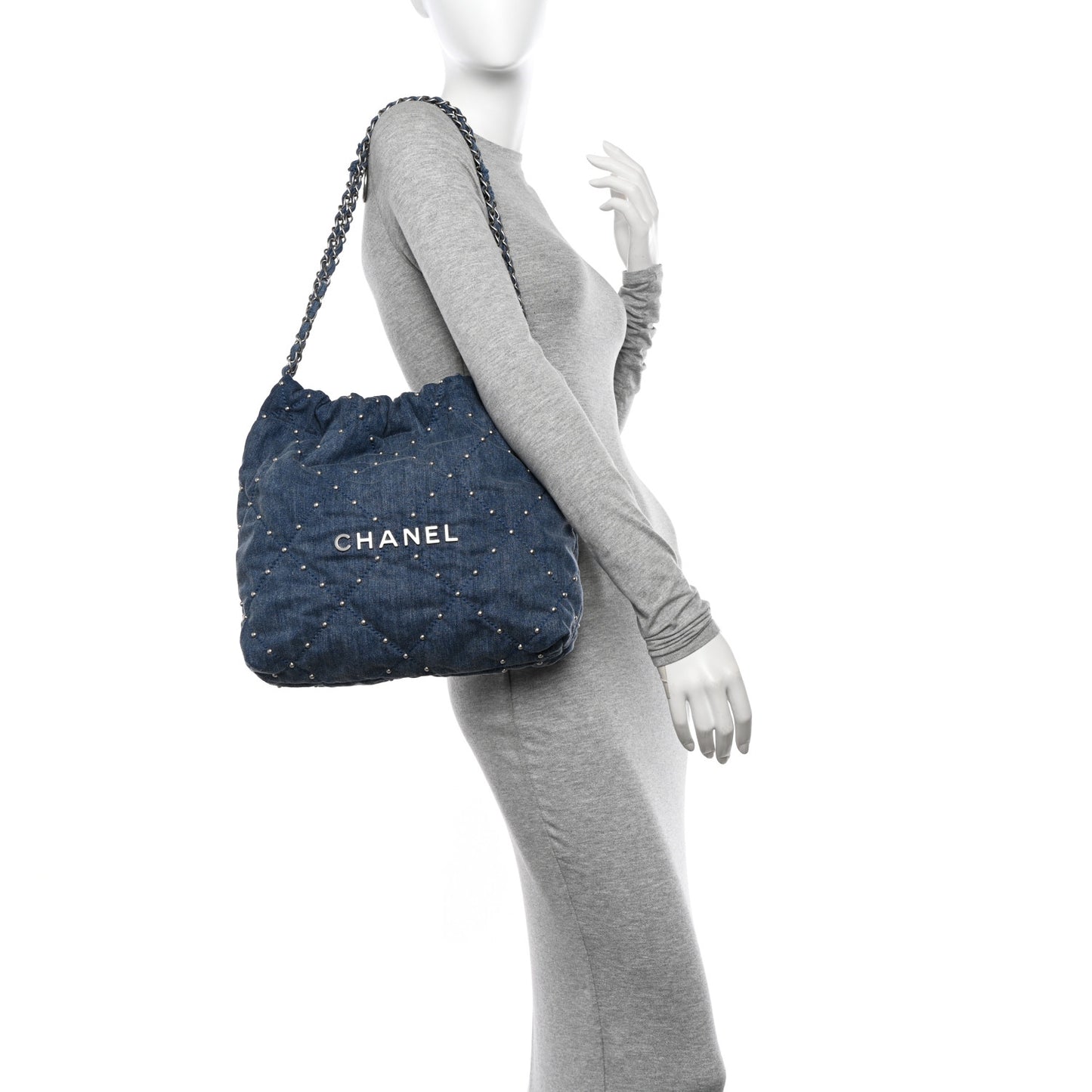 Washed Denim Quilted Studded Small Chanel 22 Blue