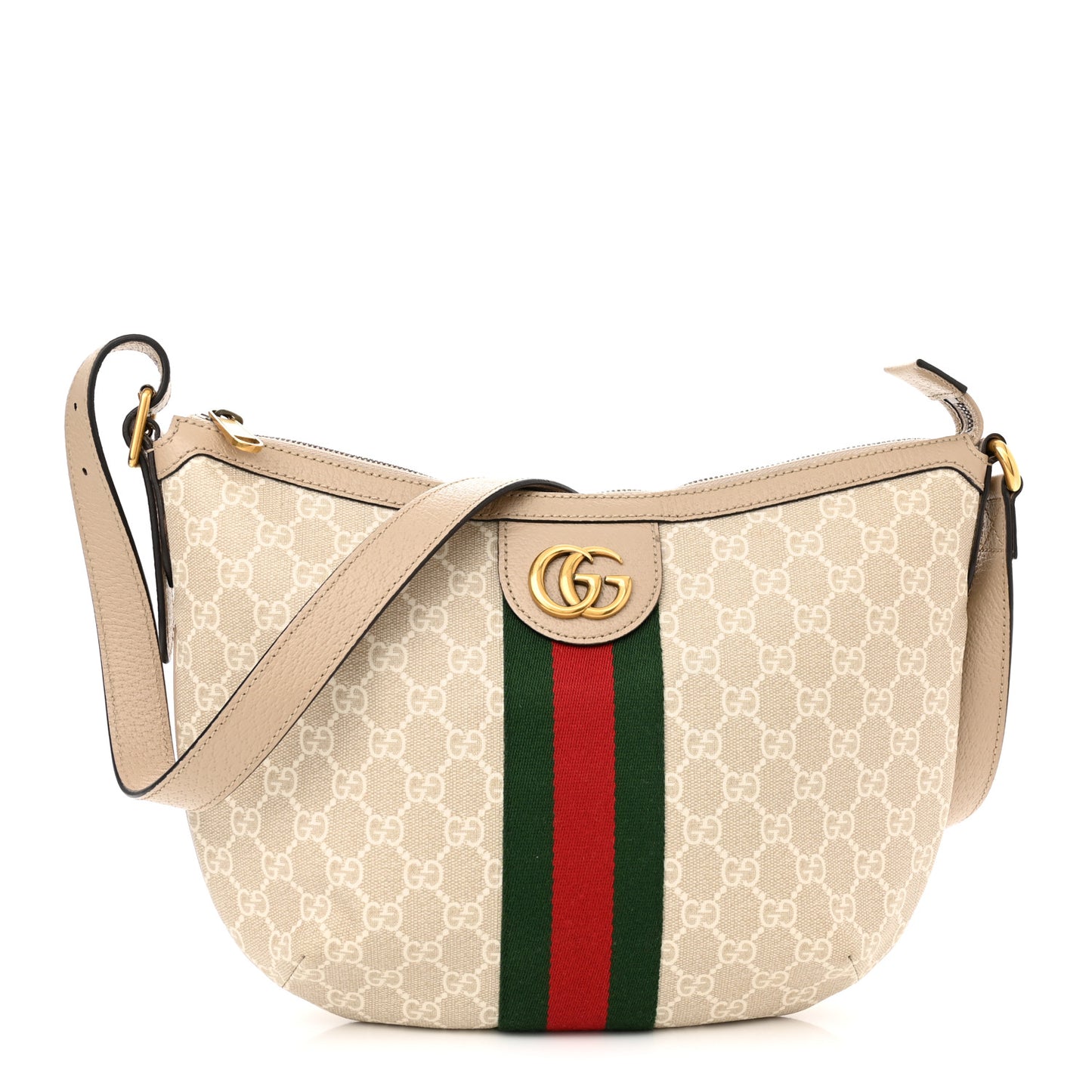 GG Supreme Monogram Textured Dollar Calfskin Web Small Ophidia Half Moon Hobo Beige Mystic White Oatmeal