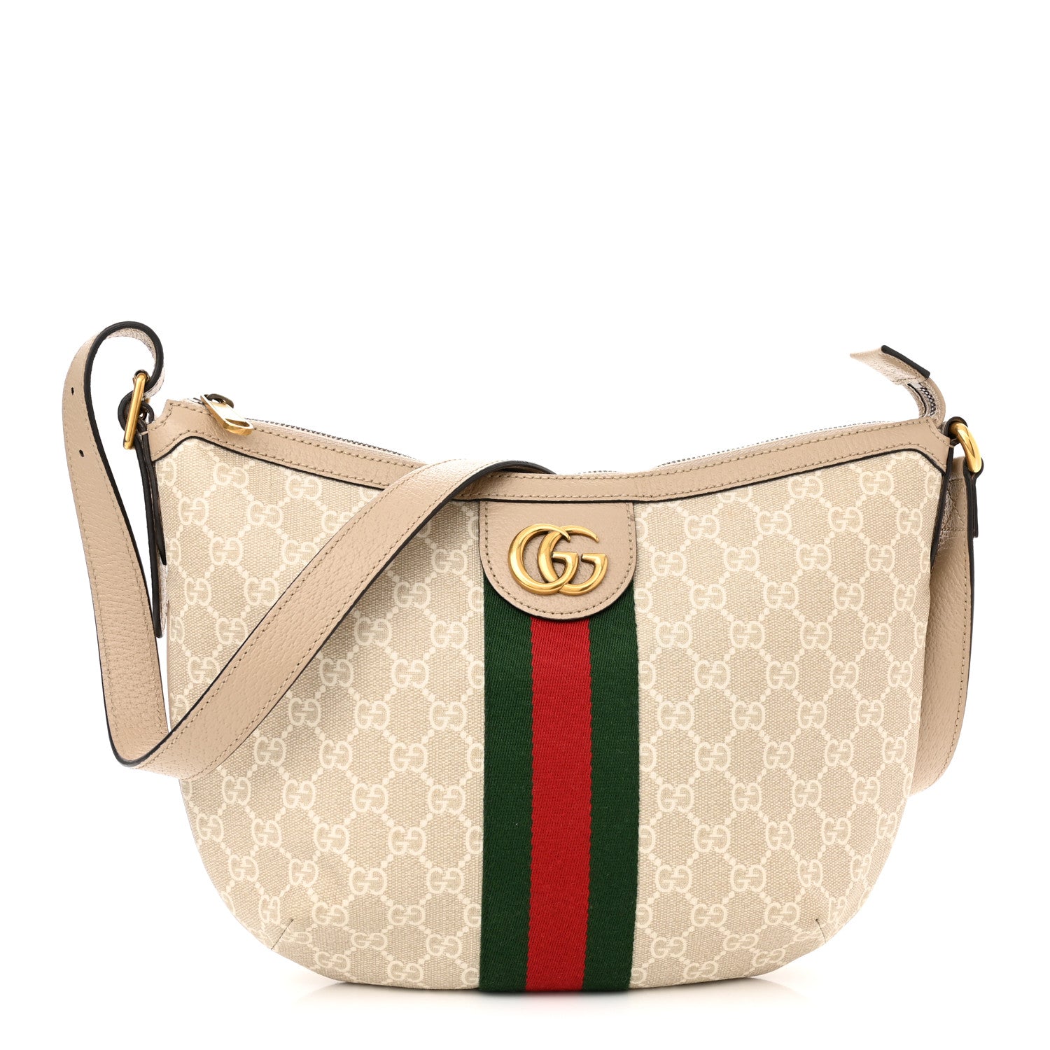 Gucci GG Supreme Monogram Textured Dollar Calfskin Web Small Ophidia Half Moon Hobo Beige Mystic White Oatmeal 1 of 10
