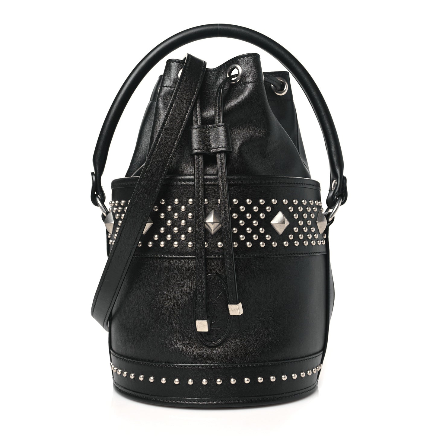 Smooth Calfskin Studded Small Bahia Drawstring Bucket Bag Black