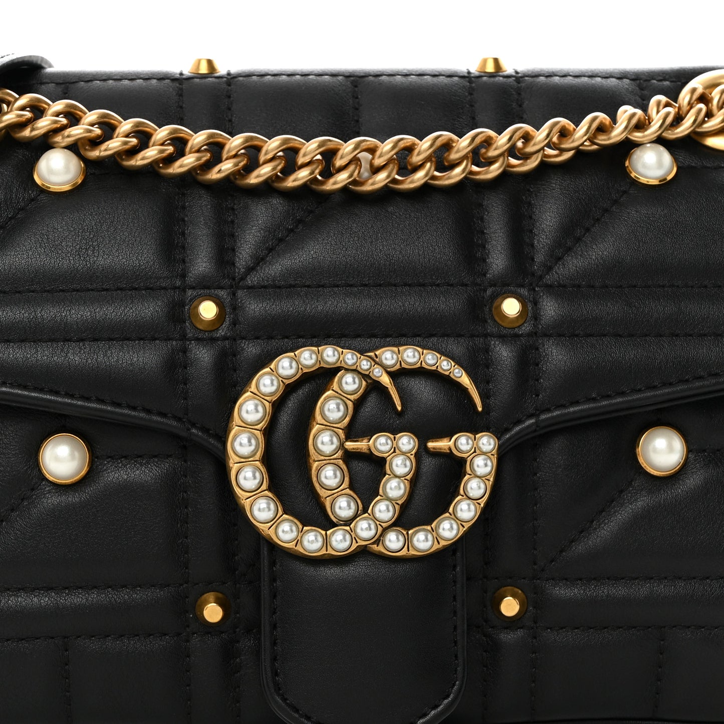 Calfskin Matelasse Studded Small Pearly GG Marmont Shoulder Bag Black