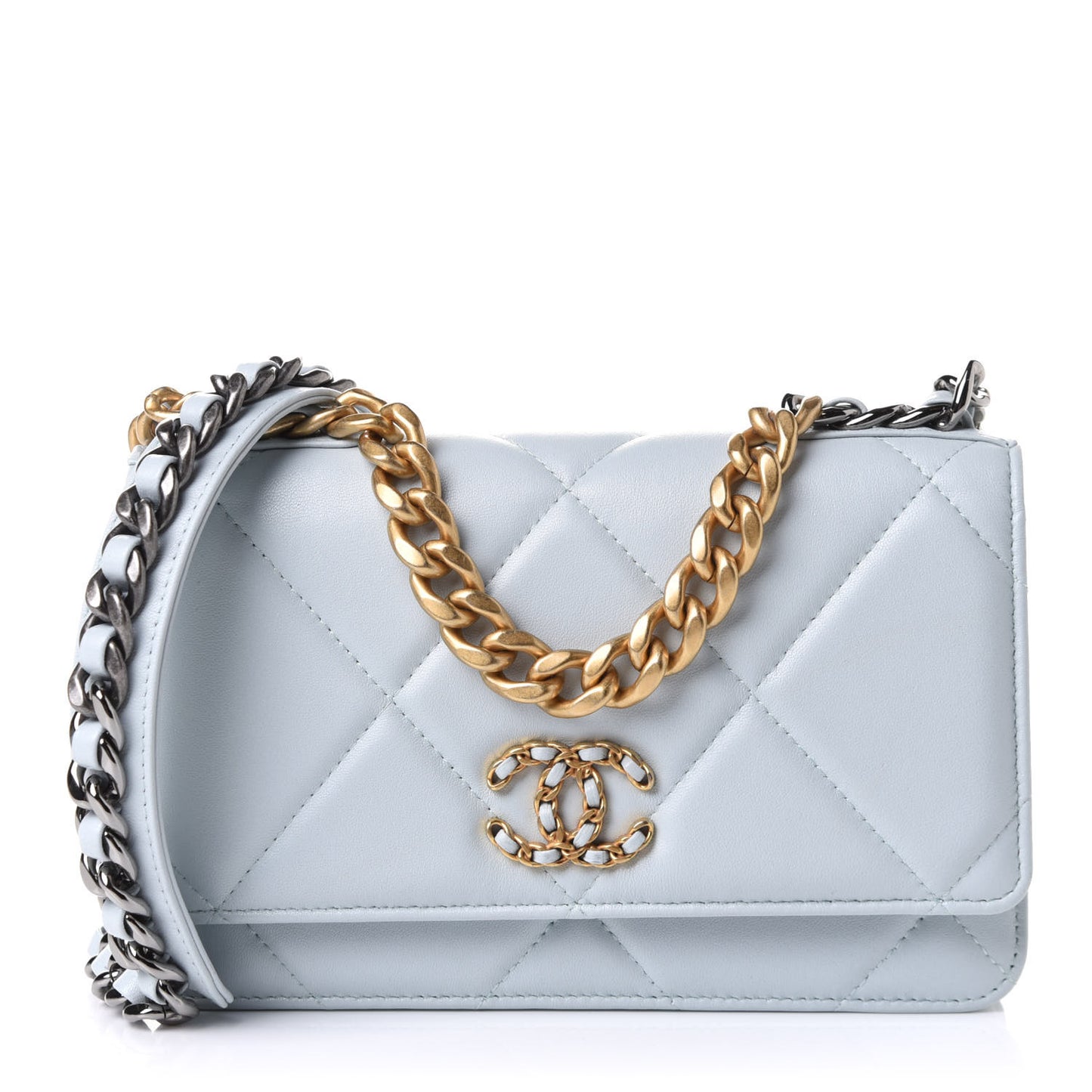 Lambskin Quilted Chanel 19 Wallet On Chain WOC Light Blue