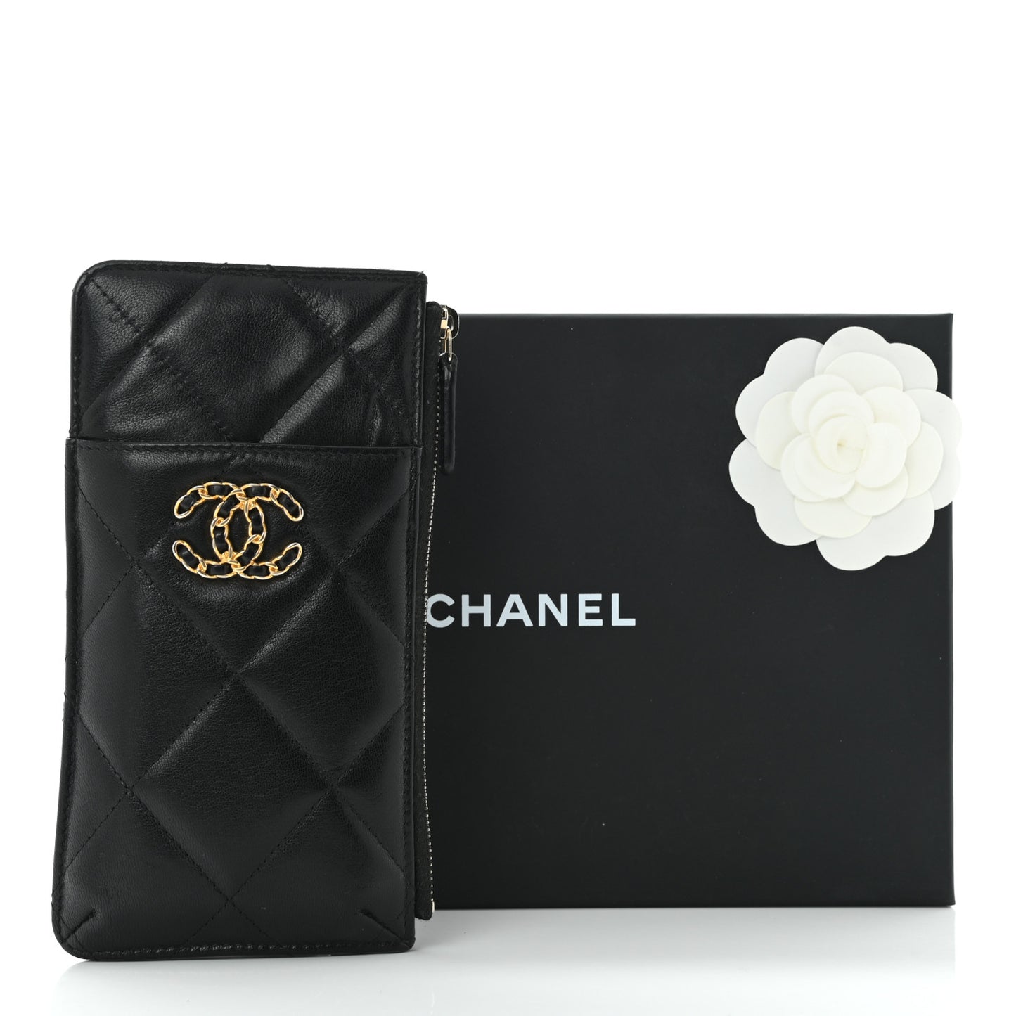 Lambskin Quilted Chanel 19 Phone and Card Holder Black