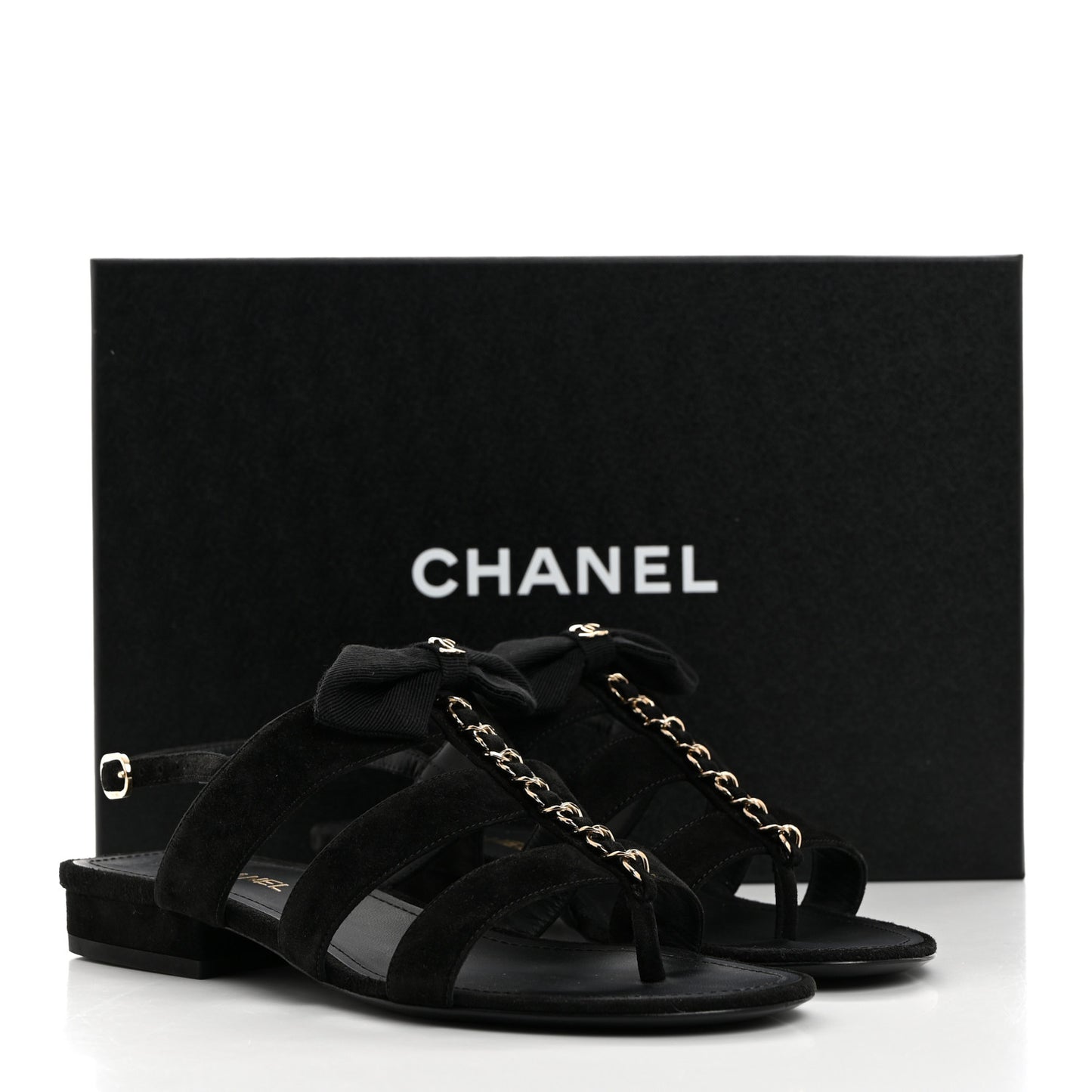 Grosgrain Chain CC Logo Bow Sandals 36 Black