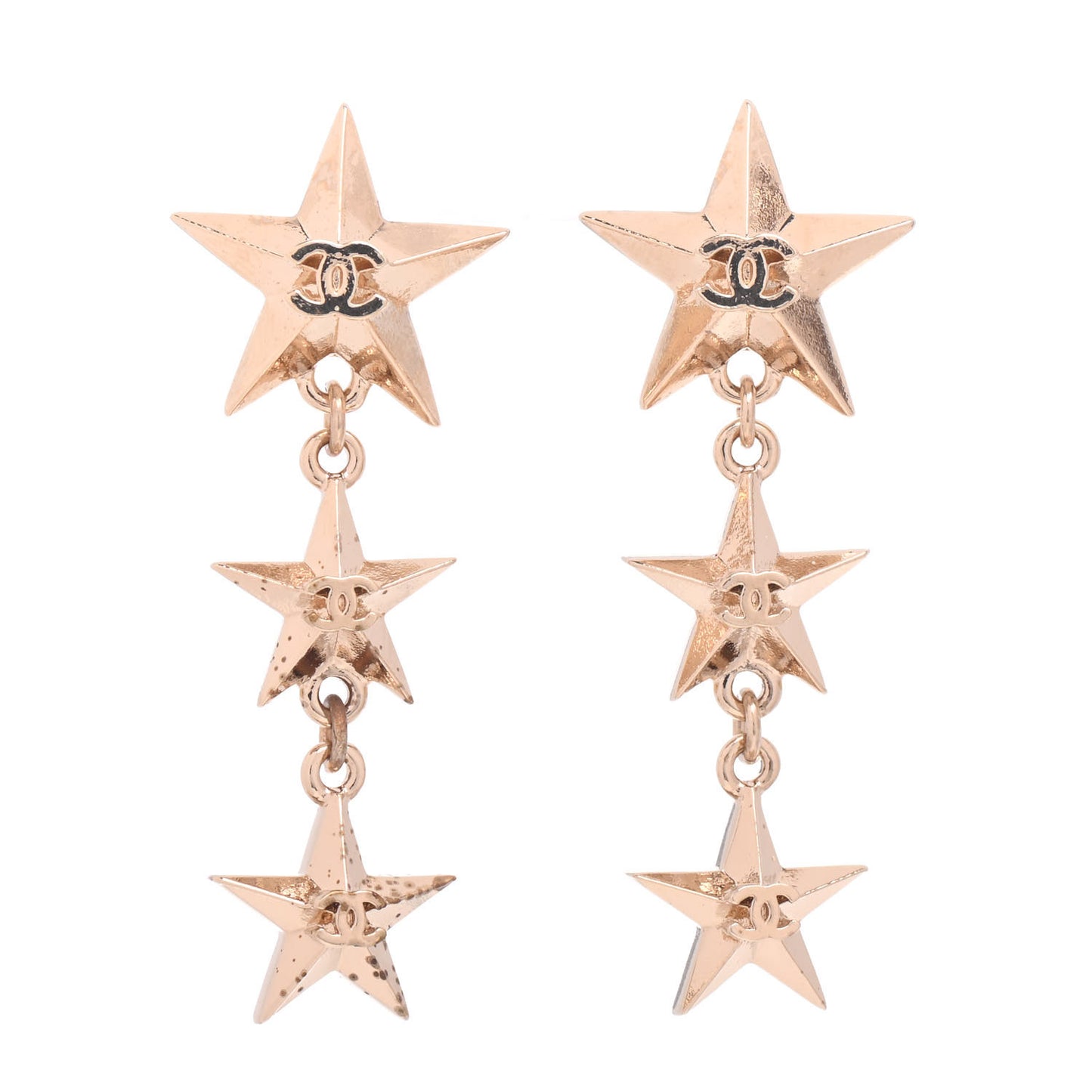 Metal CC Triple Star Drop Earrings Gold