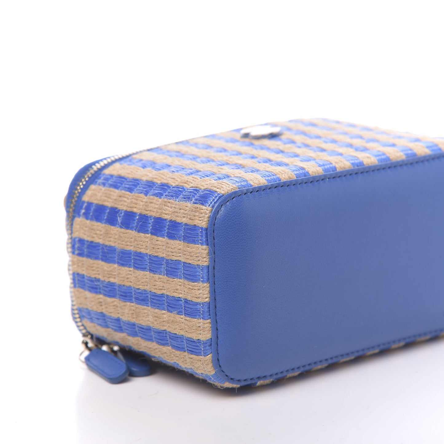Raffia Jute Striped Small Vanity Case With Chain Blue Beige