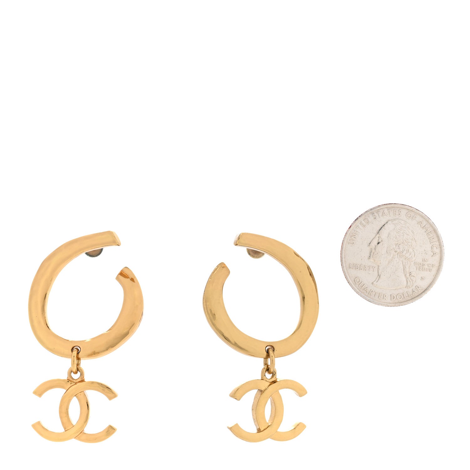 Chanel Metal Textured Hoop Drop CC Earrings Gold 2 of 5
