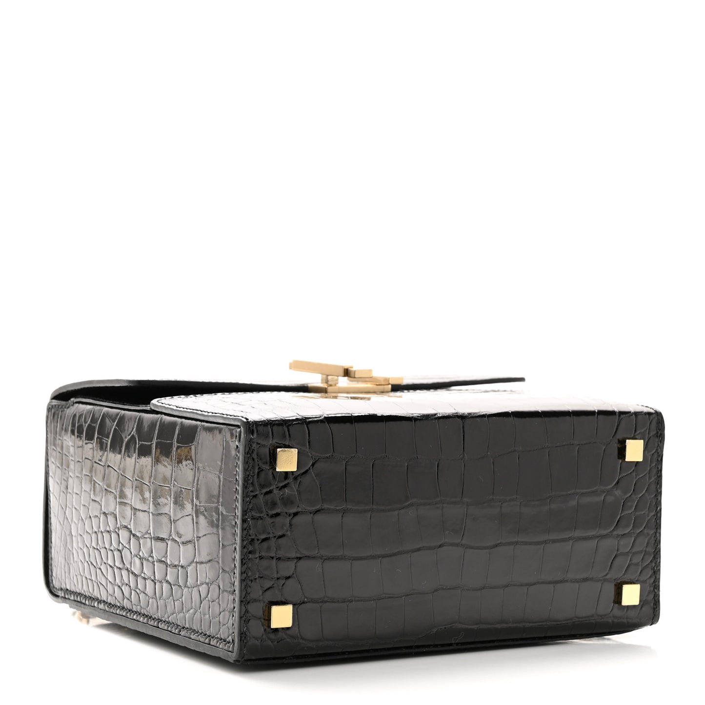 Shiny Alligator Cinhetic Boxy Top Handle Bag Black