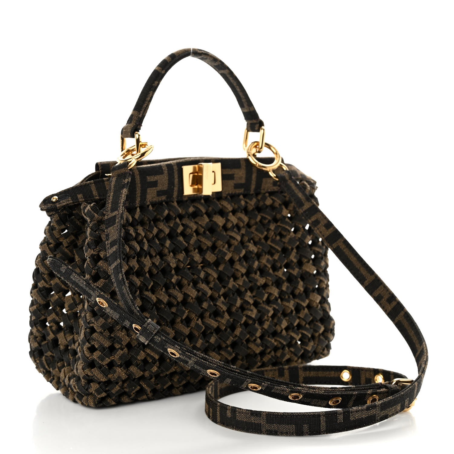 Fendi Fabric Jacquard FF 1974 Woven Knotted Mini Peekaboo Iconic Satchel Tobacco Moro 3 of 9