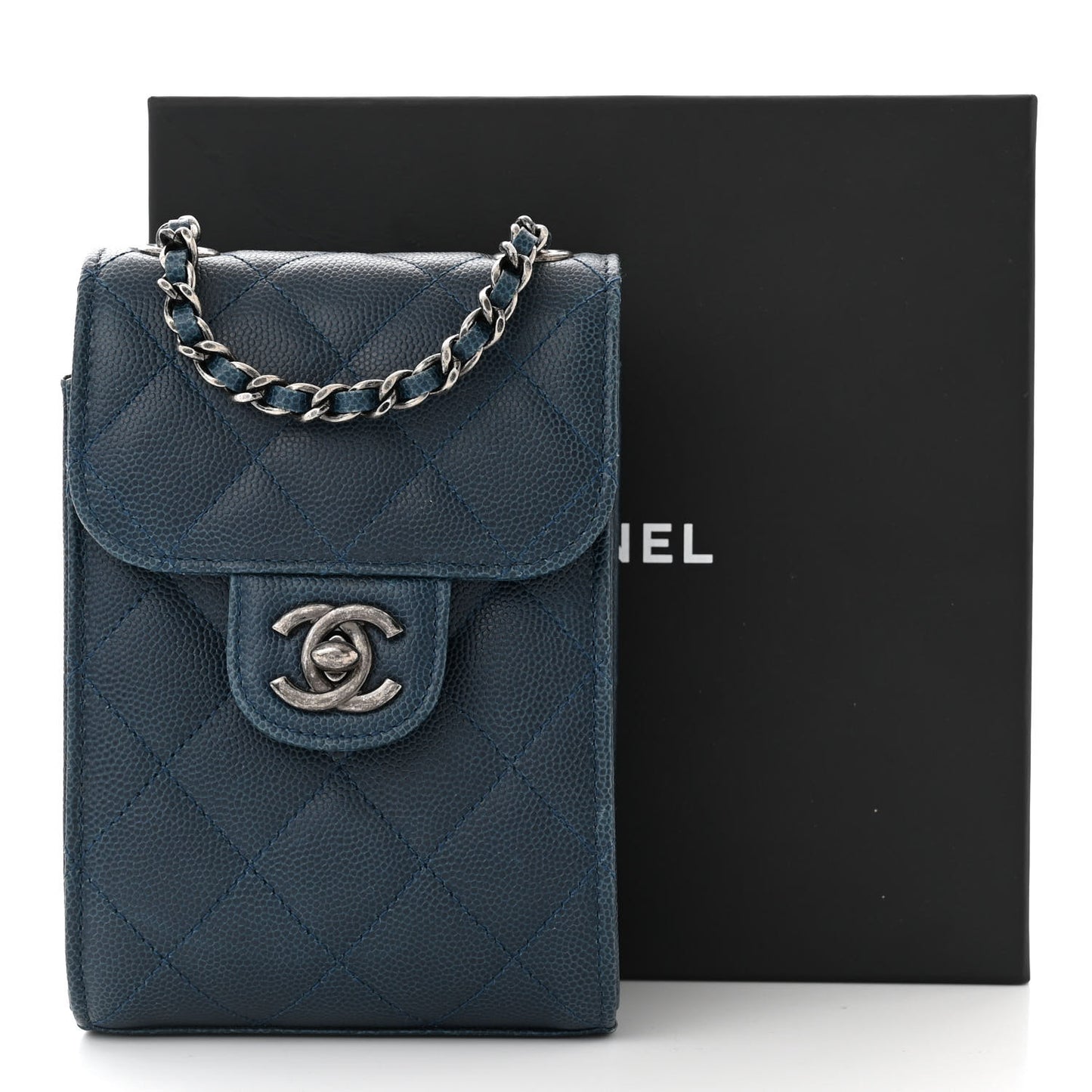 Caviar Quilted Extra Mini Wallet On Chain WOC Blue