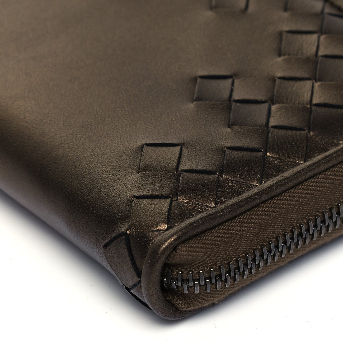 Metallic Nappa Intrecciato Zip Around Wallet Dark Copper