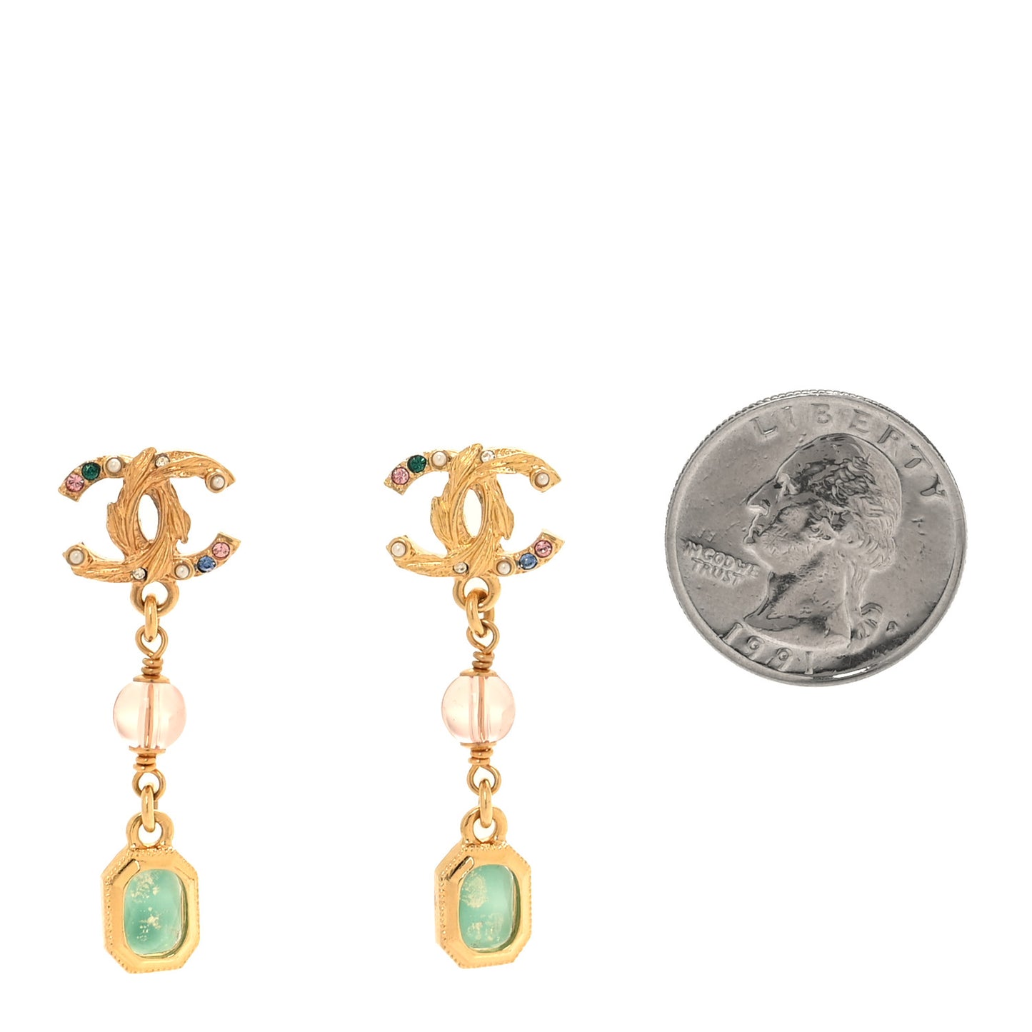 Crystal Pearl Glitter CC Drop Earrings Gold Green Pink