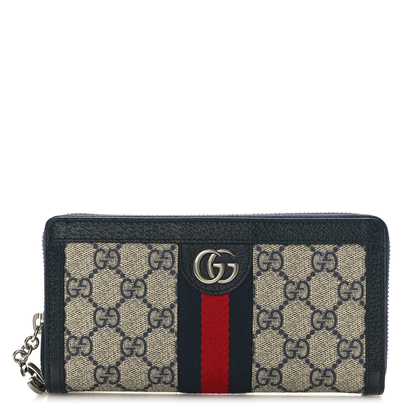 GG Supreme Monogram Textured Dollar Calfskin Web Ophidia Zip Around Wallet Beige Blue