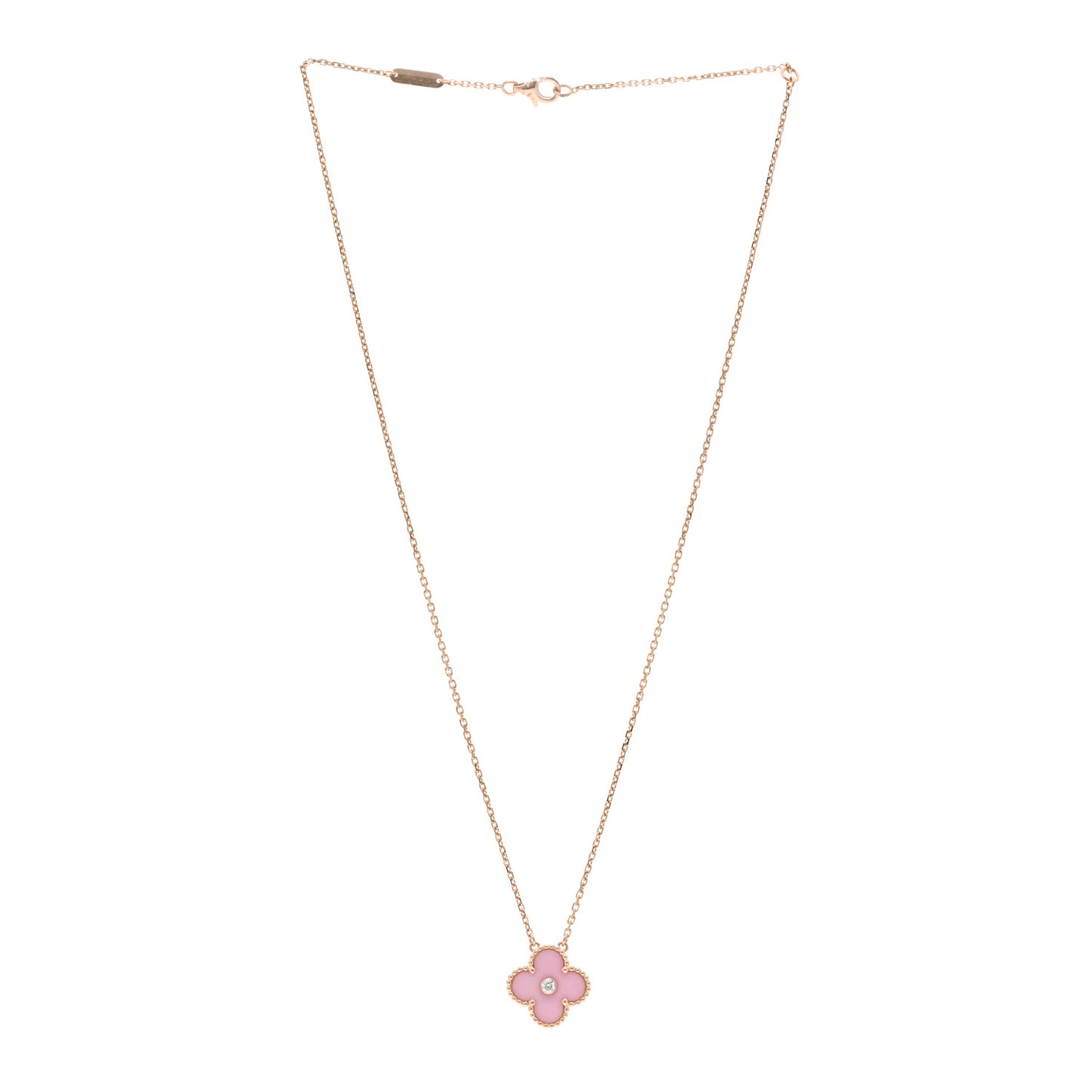 18K Rose Gold Diamond Pink Porcelain Vintage Alhambra Pendant Necklace