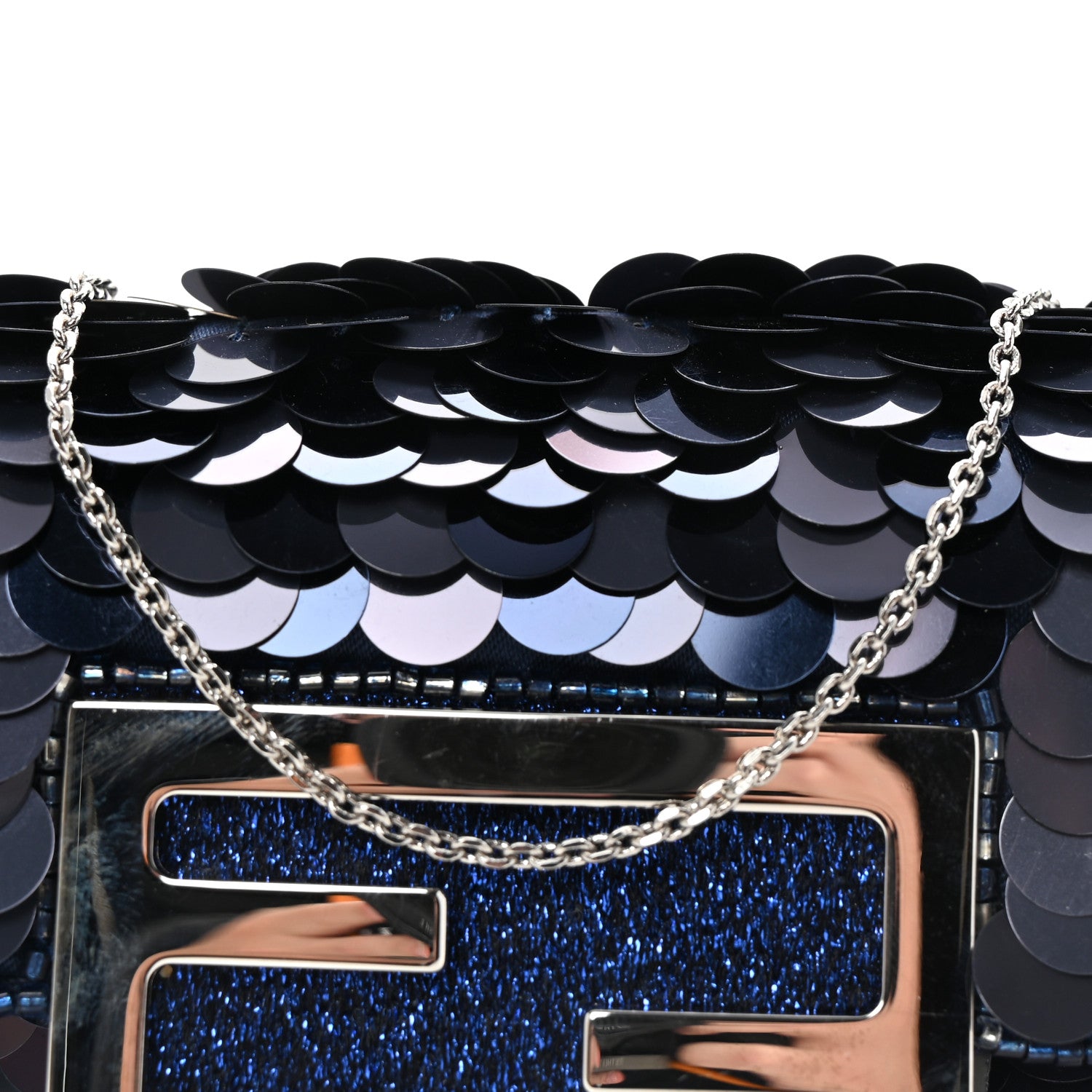 Fendi Sequin Paillettes Shiny Nappa Sex and the City Nano Maxi Buckle Baguette Charm Blue 7 of 9