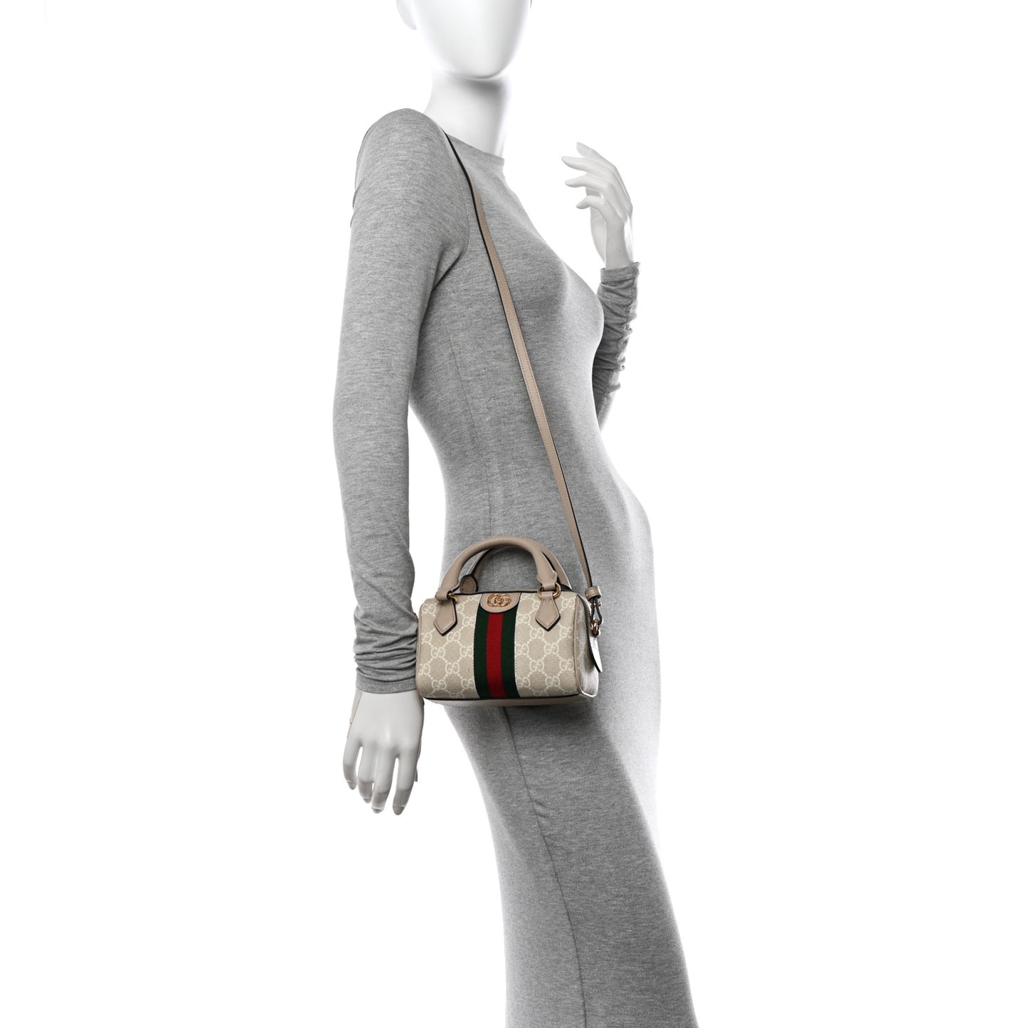 GG Supreme Monogram Textured Dollar Calfskin Web Super Mini Ophidia Top Handle Bowler Bag Beige Mystic White Oatmeal