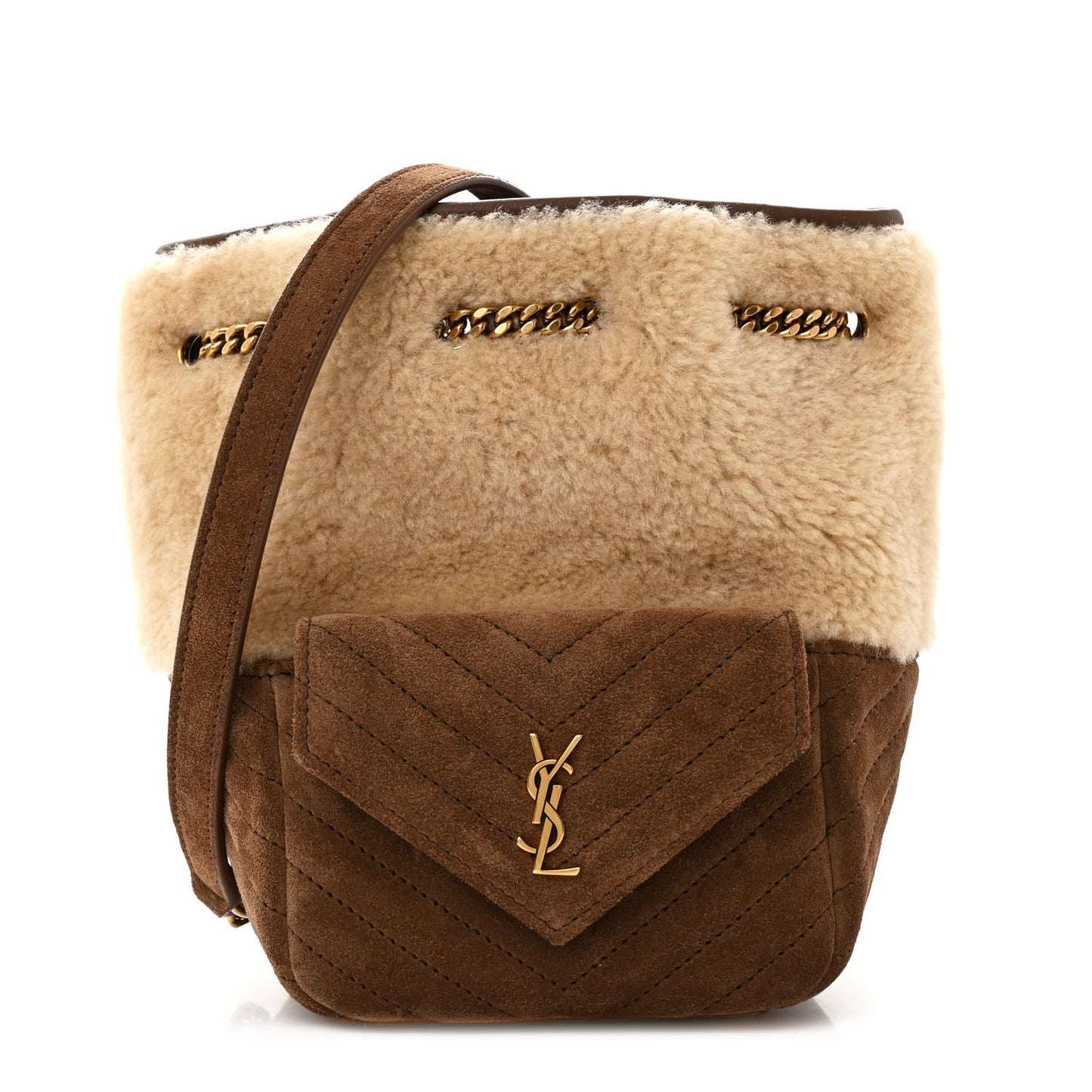 Shearling Suede Monogram Joe Nano Bucket Bag Natural Beige
