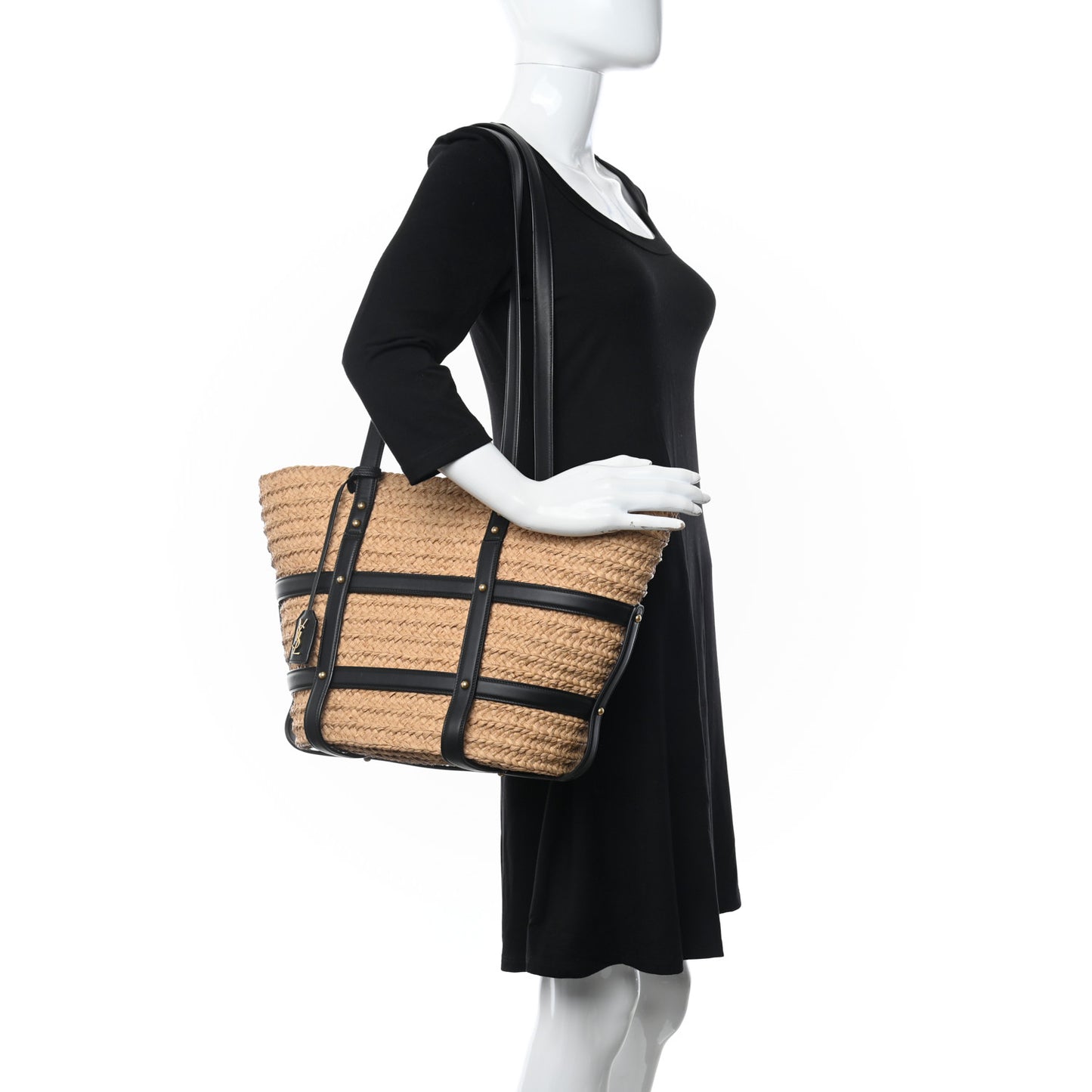 Raffia Calfskin Caged Tote Naturale Black