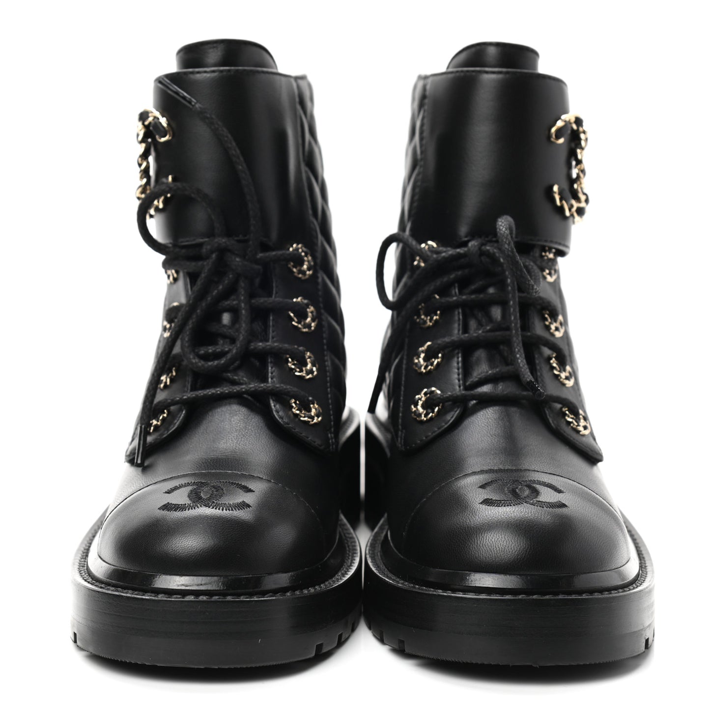 Shiny Lambskin Quilted Lace Up Combat Boots 37 Black