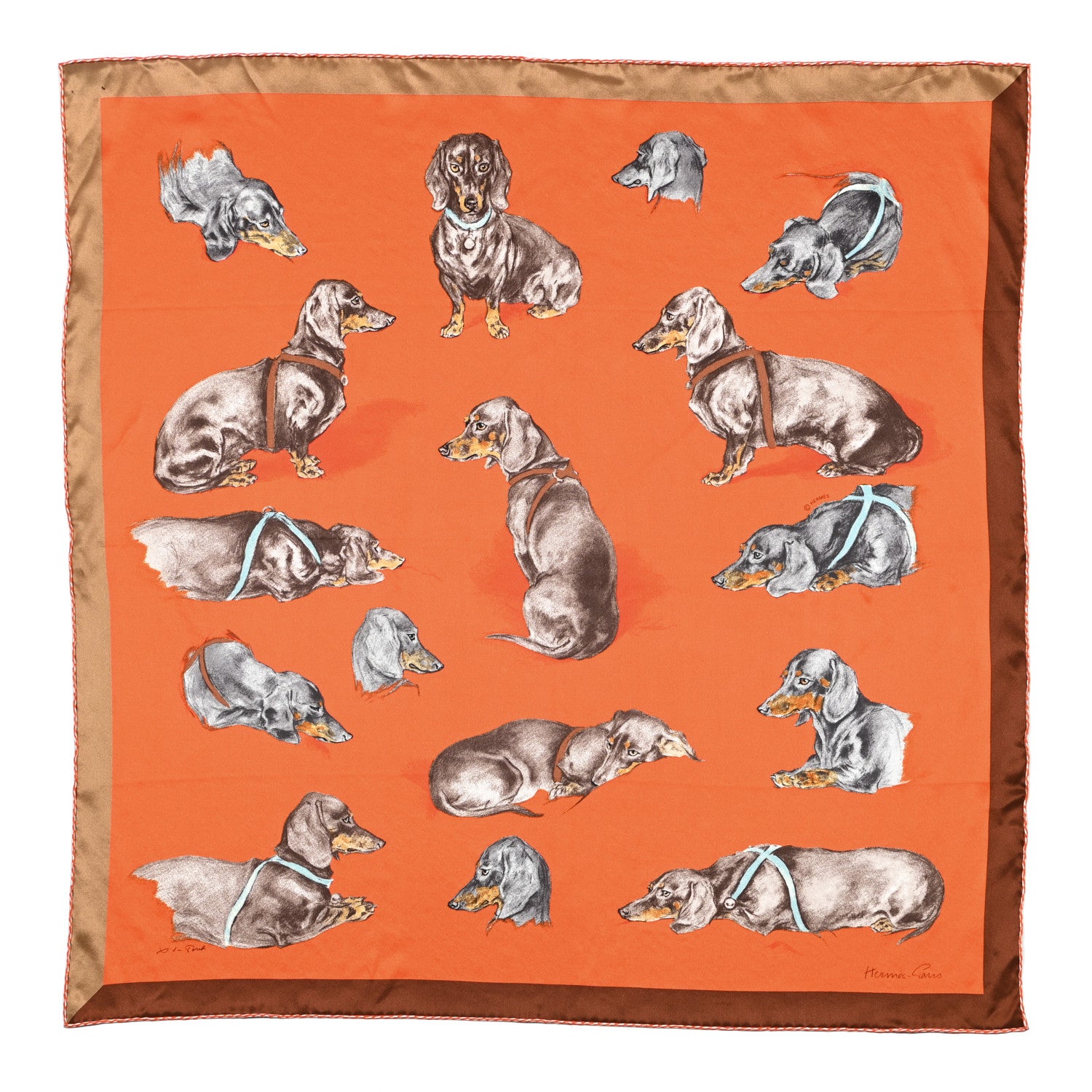 Hermes Silk Les Bassets Scarf 70 Orange Sepia Tabac 1073423