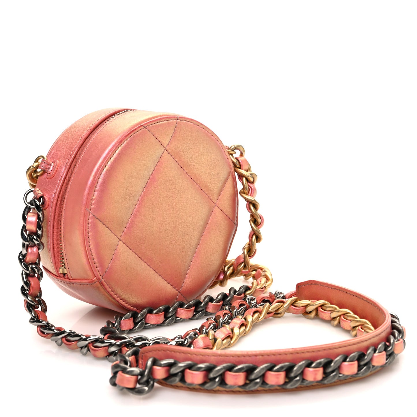 Iridescent Calfskin Quilted Chanel 19 Round Clutch With Chain Pink