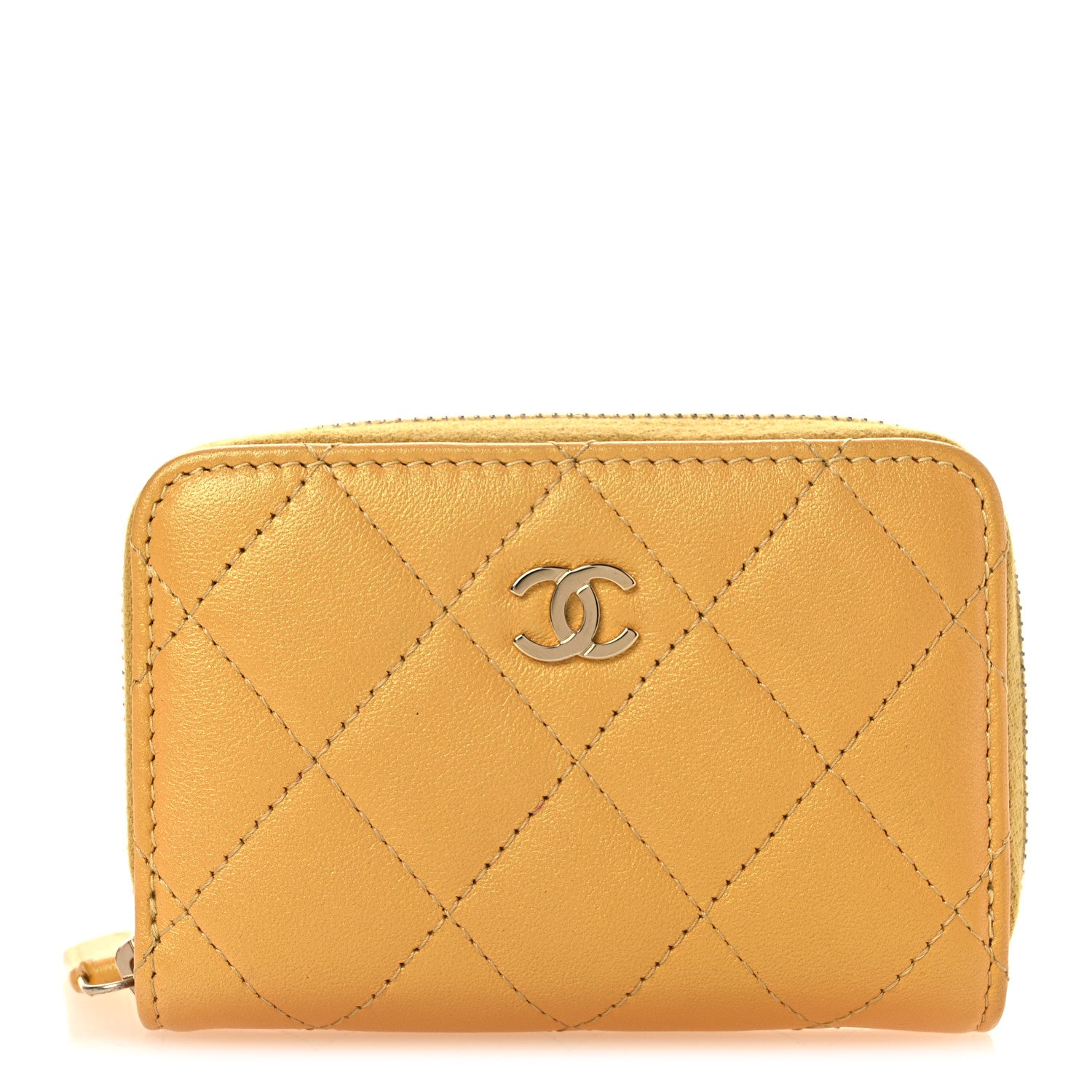 Chanel Metallic Lambskin Quilted Zip Around Coin Purse Wallet