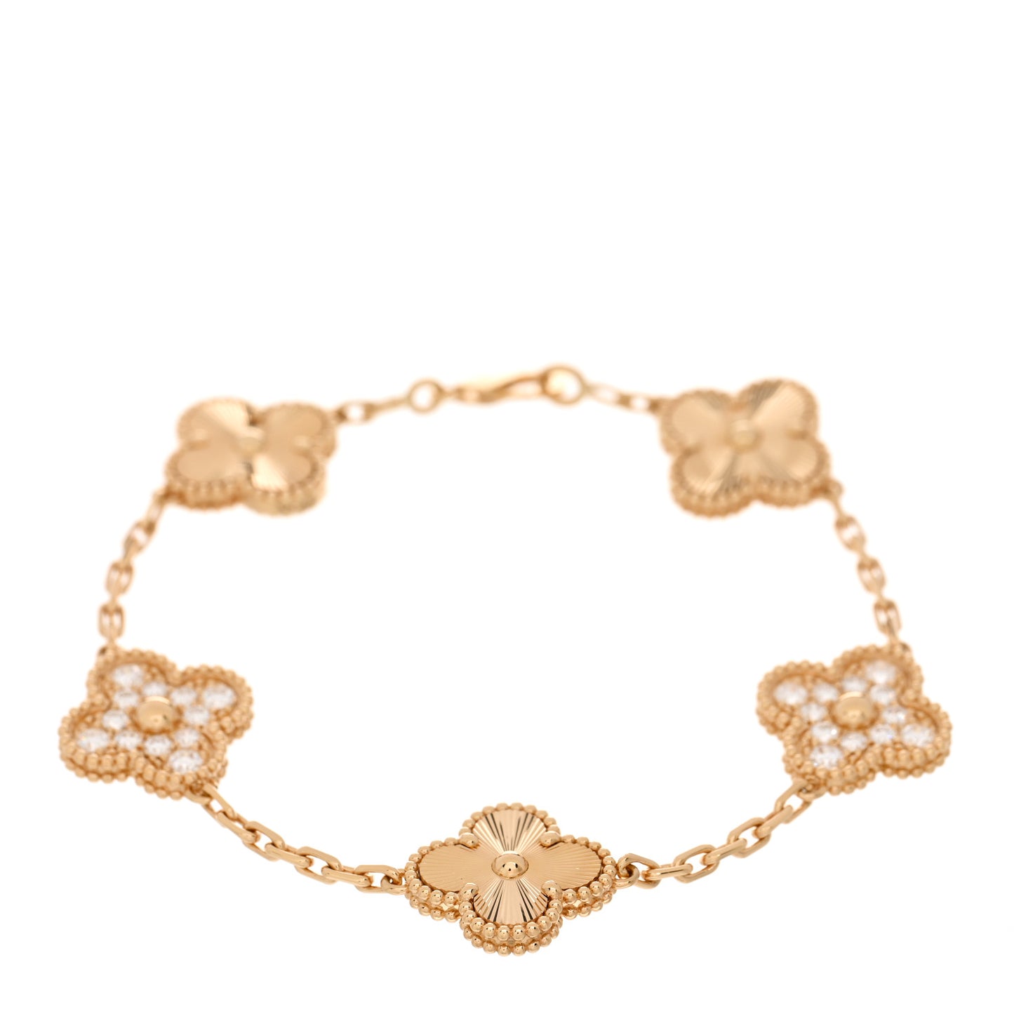 18K Yellow Gold Diamond 5 Motifs Guilloche Vintage Alhambra Bracelet