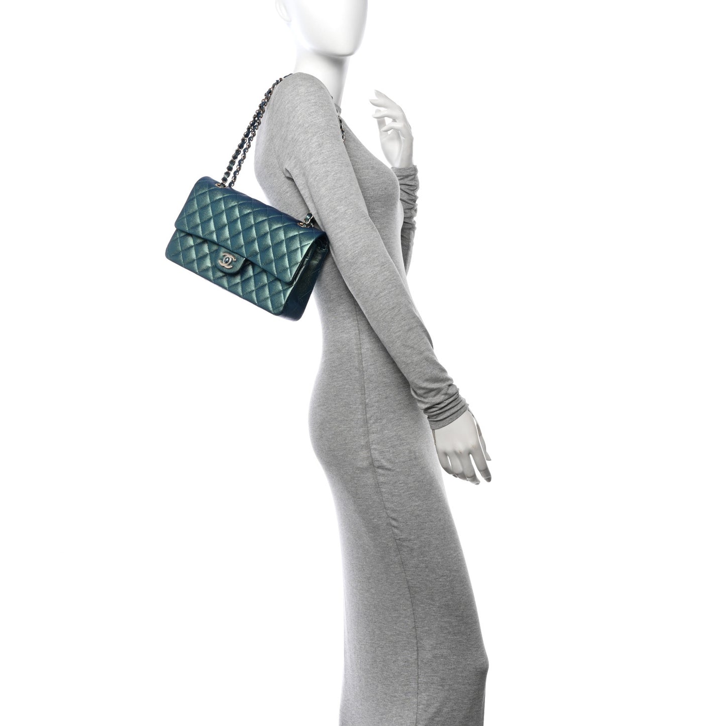 Iridescent Caviar Quilted Medium Double Flap Green