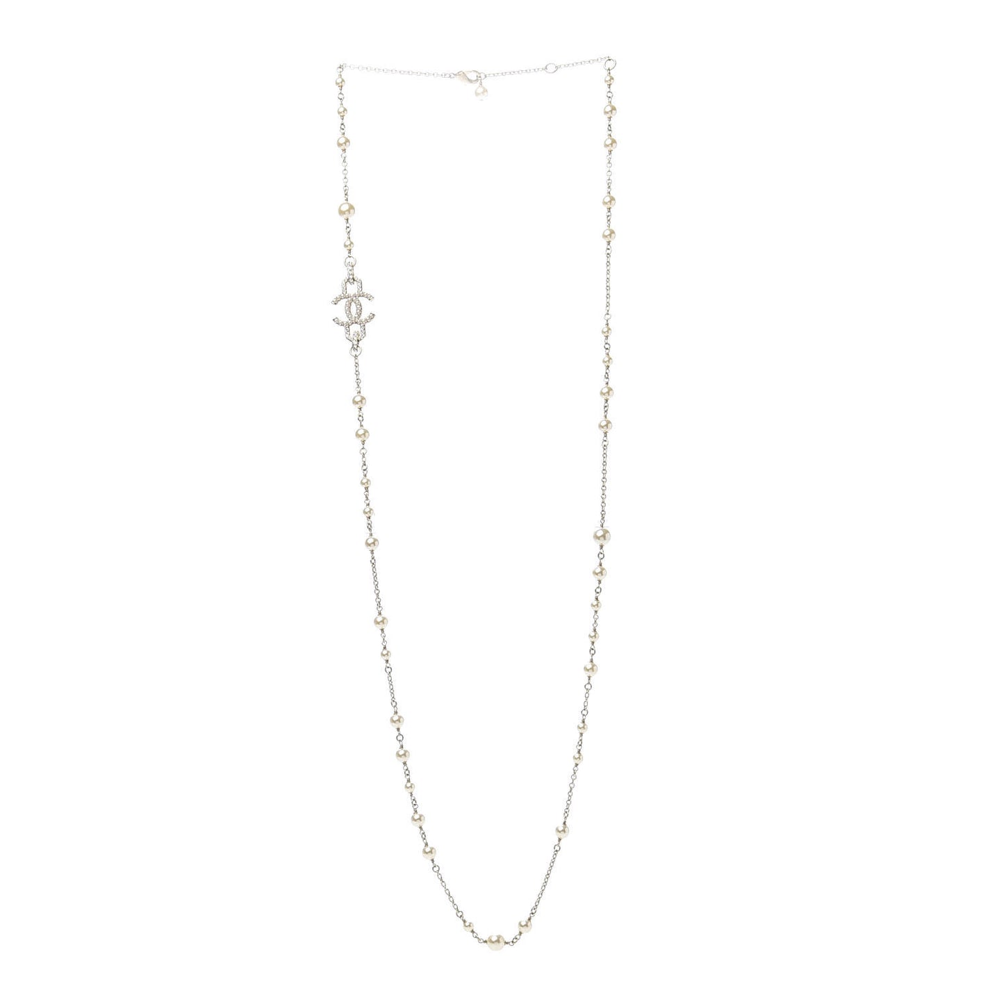 Graduated Pearl Crystal CC Long Necklace Gold Pearly White
