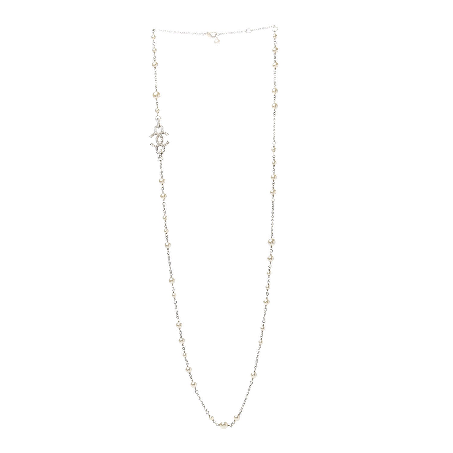 Chanel Graduated Pearl Crystal CC Long Necklace Gold Pearly White 3 of 6