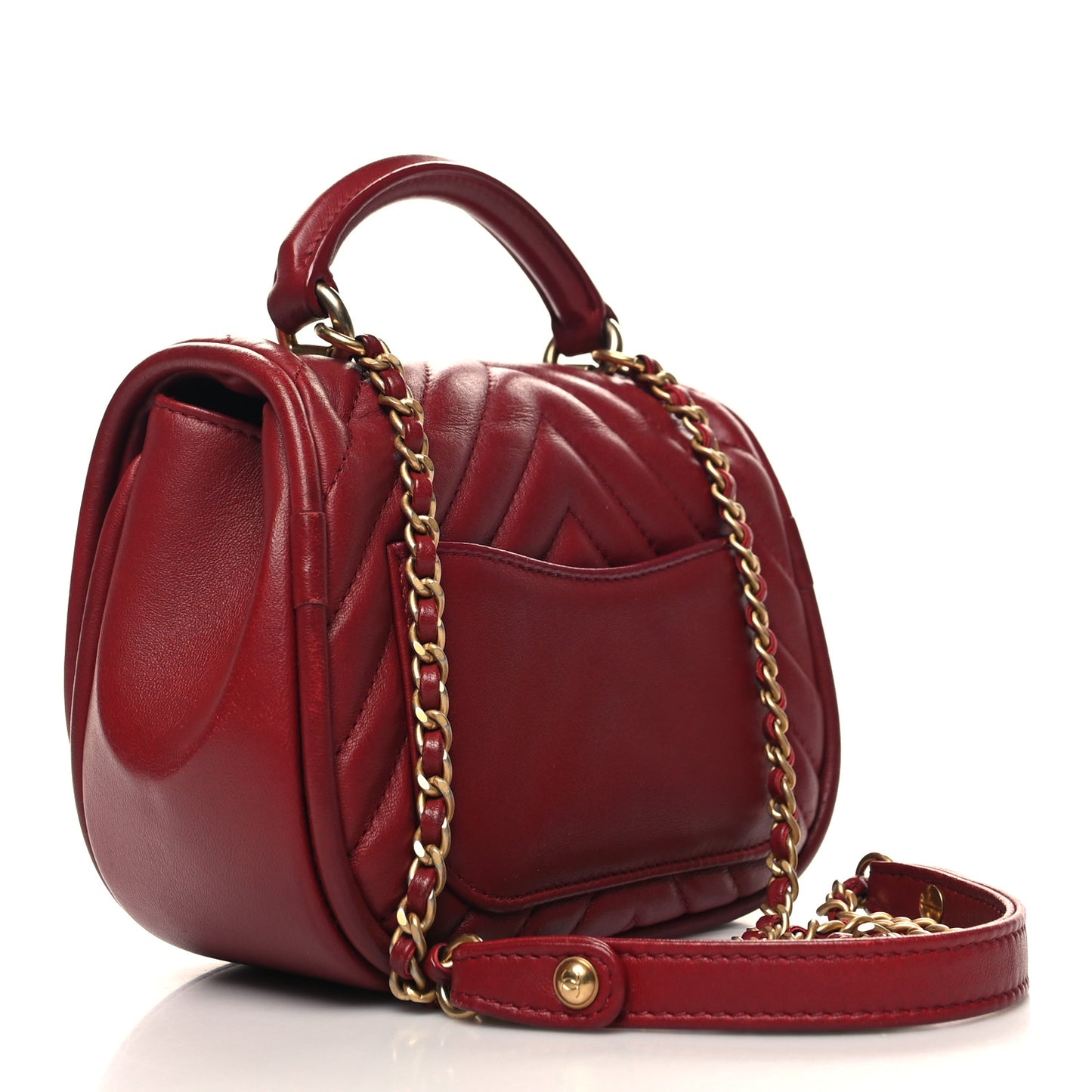 Lambskin Reverse Chevron Quilted Mini Round Top Handle Flap Red